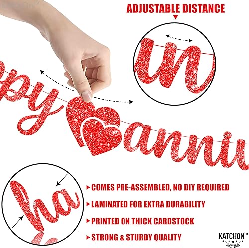 Miniatura 5 de KatchOn, Cartel de feliz aniversario con purpurina roja, 10 pies, sin bricolaje, decoraciones de feliz aniversario, romántico, letrero rojo de feliz