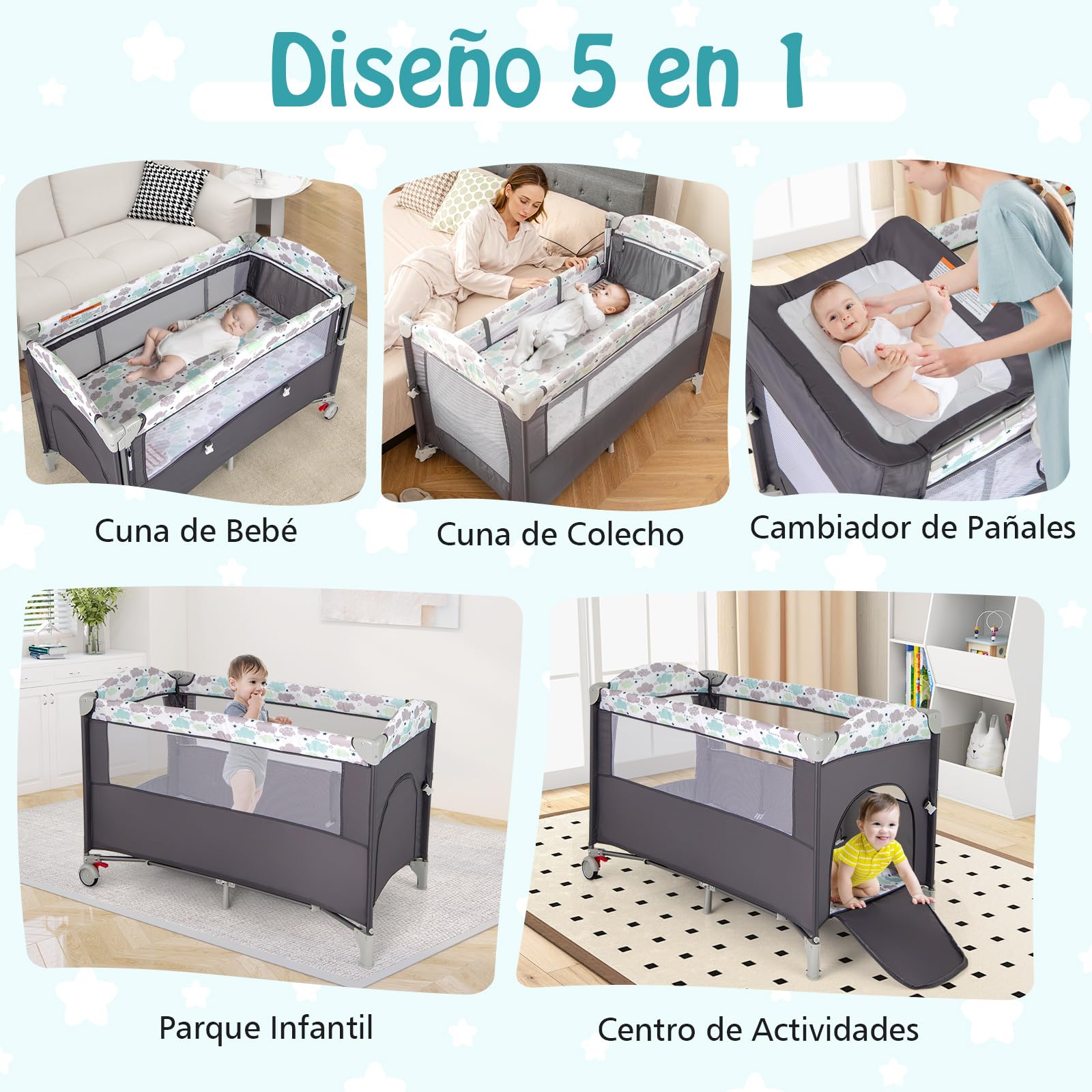 RELAX4LIFE 5 en 1 Cuna Infantil Bebe con 2 Ruedas Bloqueables, Cambiador, Correa Fijación, Caja de Música y 3 Juguetes Colgantes, Cuna con Colchón y Bolsa de Transporte para Bebés 0-36 Meses (Gris)