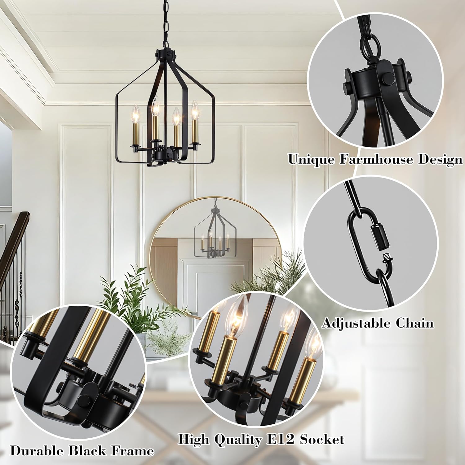 4-Light Black and Glod Chandelier, Geometric Farmhouse Cage Pendant Light, Adjustable Industrial Rustic Fixture for Dining Room, Kitchen Island, Entryway & Bedroom