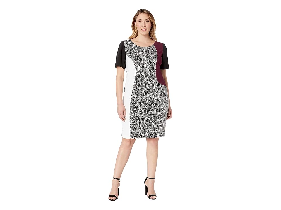 

Taylor Plus Size Short Sleeve Mixed Print Shift Dress (Ivory/Black/Purple) Women's Dress