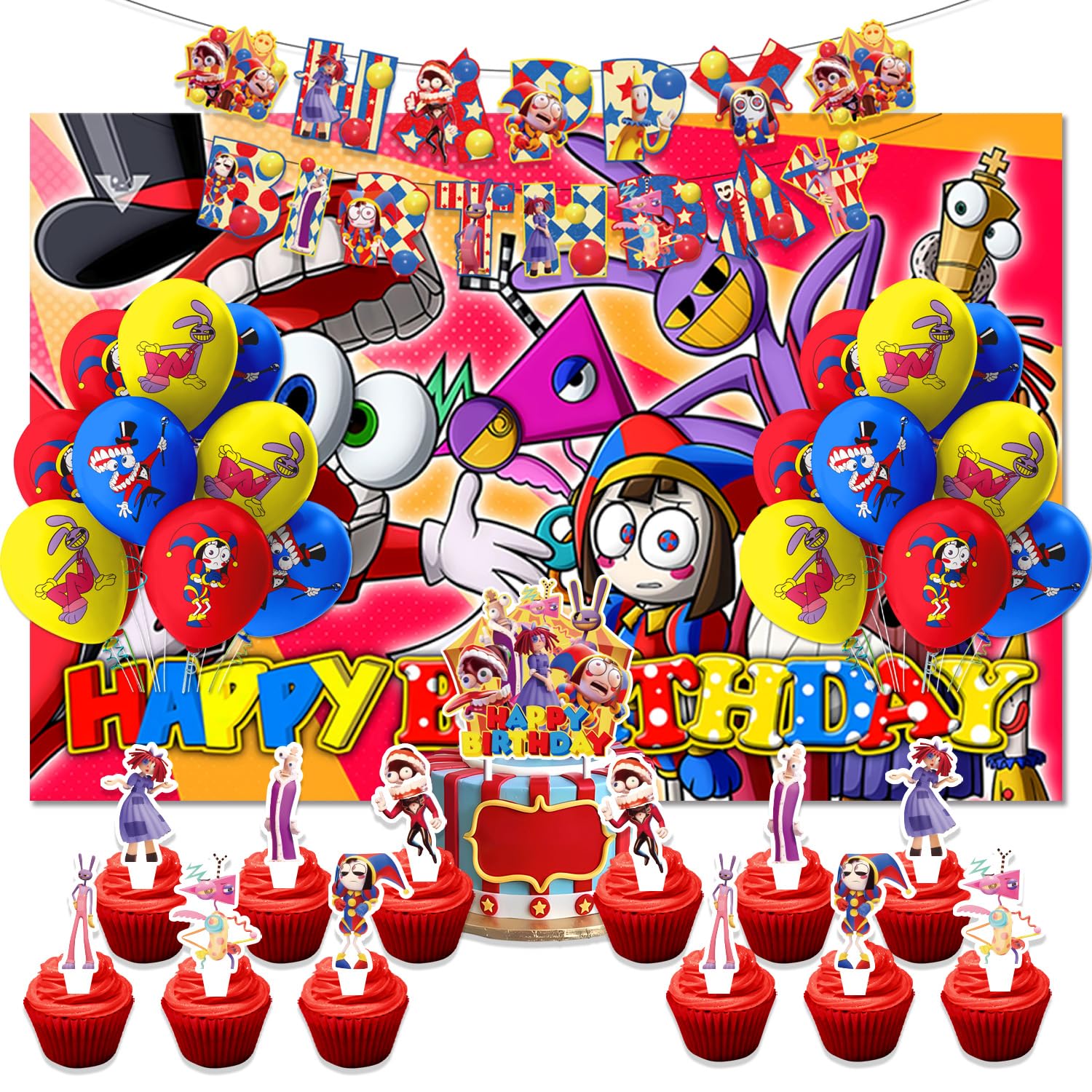 Photo 1 of Digital Circus Birthday Party Decoration - The Amazing Digital Circus Cartoon Party Supplies include 18X Balloons, 12X Cupcake Toppers, Cake Topper, 1 Set Banners, Backdrop for Kids Boys Fans
2 PACK BUNDLE