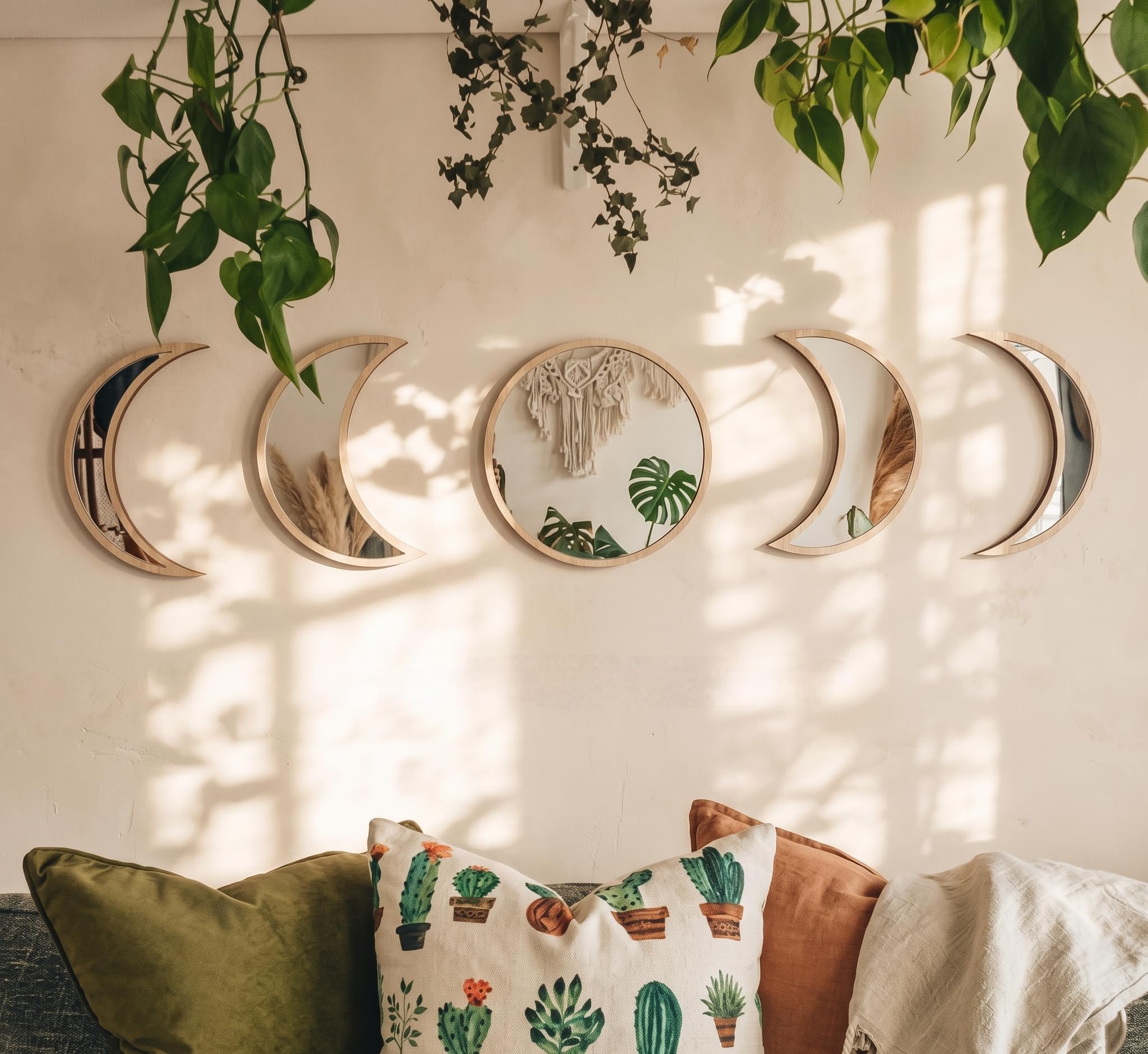 5 Pieces Moon Phase Acrylic Mirror Set – Aesthetic Wall Decor Item of Living Room, Boho Minimalist Hanging Mirror Set for Bedroom, Hallway, Home & Office Decoration (Natural Wood)-image-22