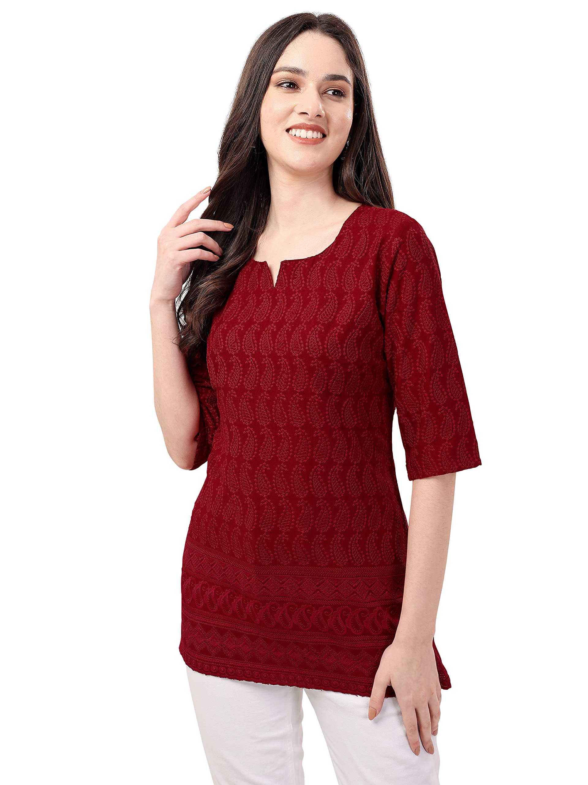 Keshu'sWomen's Hand Embroidered Lucknowi Chikankari Regular Wear Short top