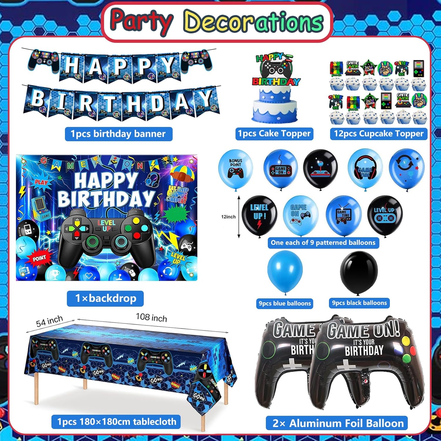 Video Game Birthday Decorations,Game Party Decorations,Backdrop,Plates,Napkins,Latex and Foil Balloons Tablecloth,Party Supplies for Boys Adults. - Image 2