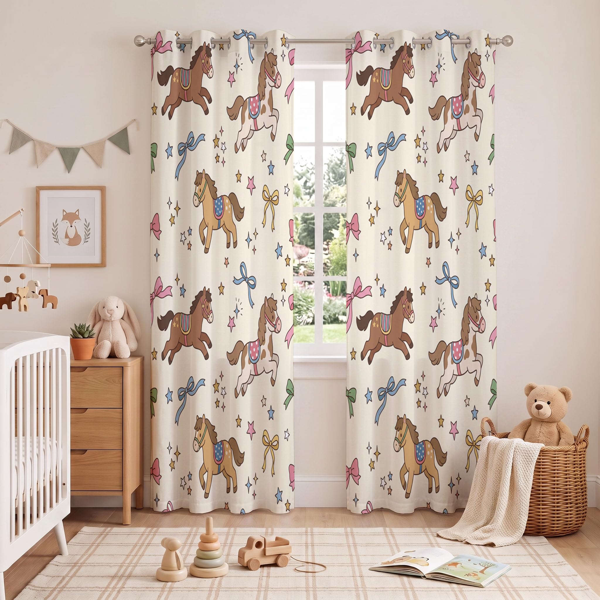 Retro-Mädchenstil Blickdichte Vorhänge mit Ösen 2er Set H160 x B140 cm | Kleines Pony Schleife Thermovorhang, Hitzeschutz, Gardinen Blickdicht, UV-Schutz für Wohnzimmer, Beige