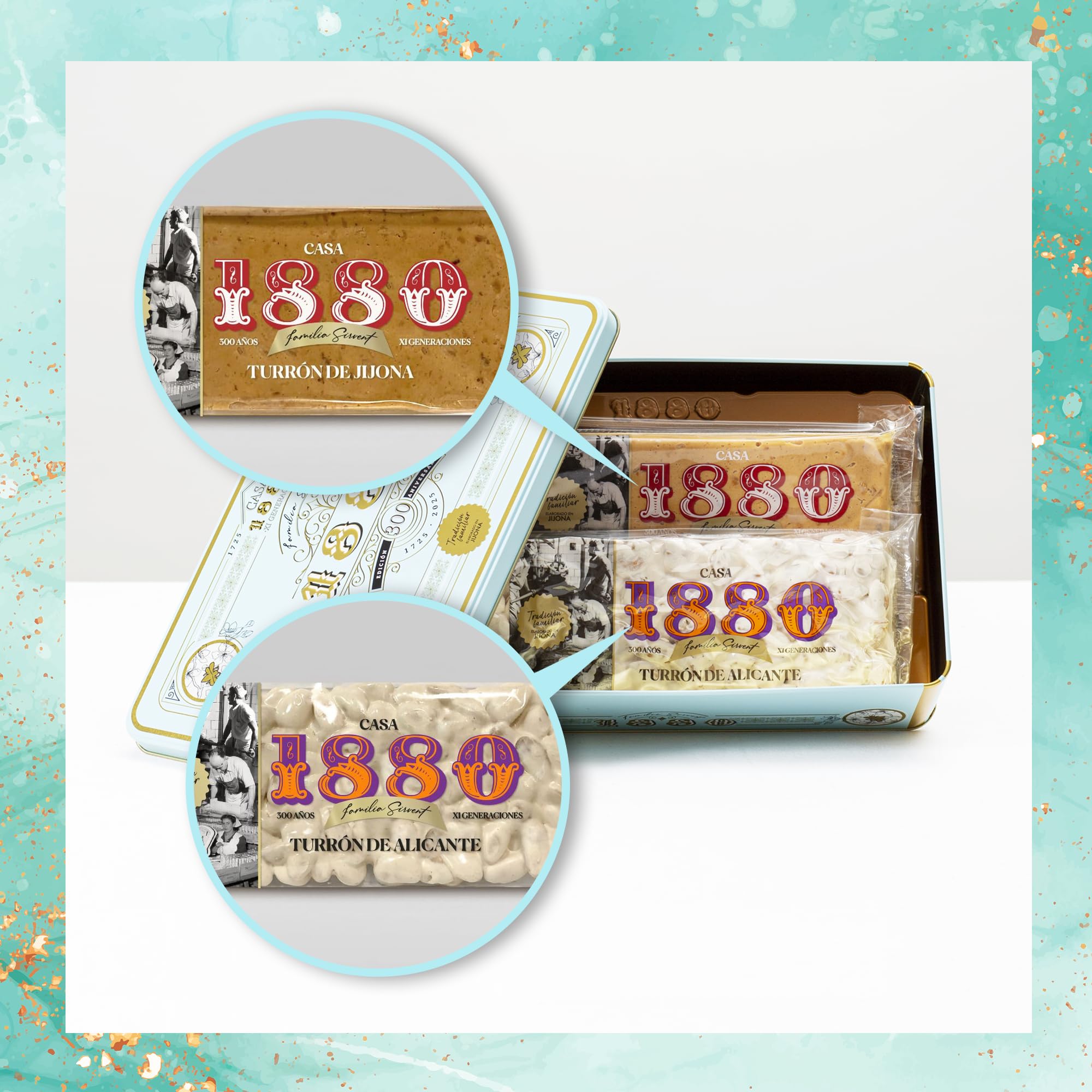 1880 - Edición 300 ANIVERSARIO Turrón Jijona y Alicante, Textura Cremosa y Crujiente, Calidad Suprema, Turrón clásico, Artesanal, Receta Tradicional, Colección, Regalo Navideño, 500 Gramos