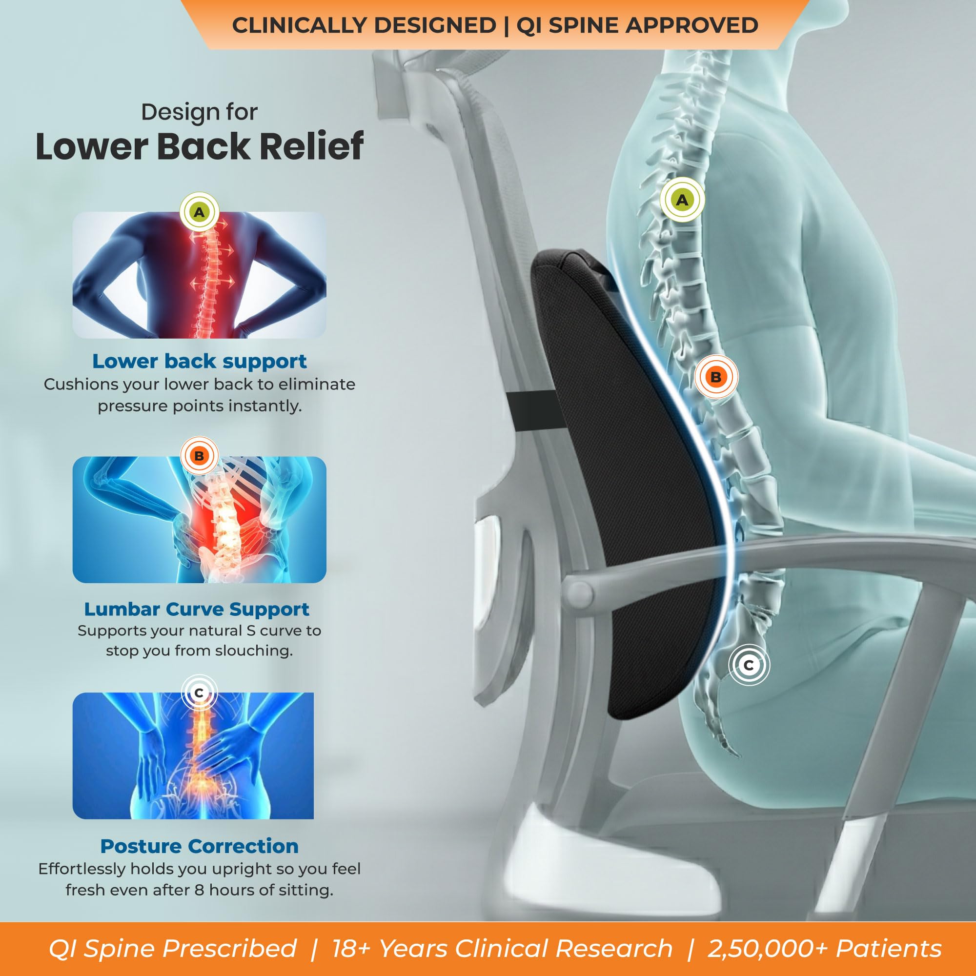 Orthosit Lumbar Support for Office Chair | 5-Year Warranty | Orthopedic Back Support, Backrest Cushion |Lower Back Support for Spinal Alignment | for Office and Home Chair Use (Black) — Amazon image 3