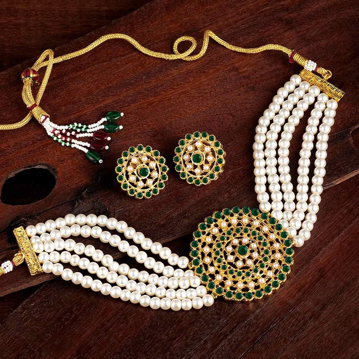 Aheli Pearl Diamond Choker Necklace & Round Earrings Gift for Women Indian Traditional Bollywood Fashion Bharatanatyam jewellery set