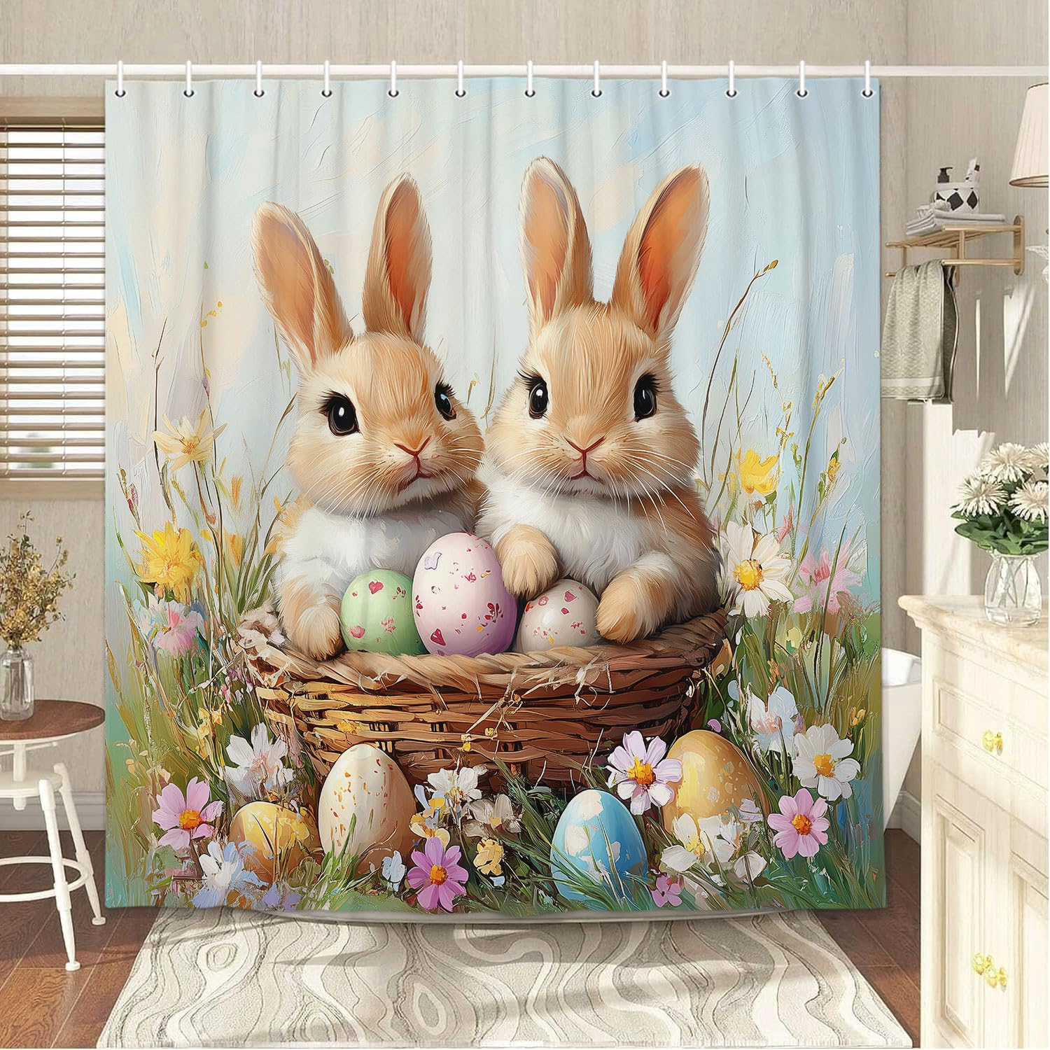 Dongbei Easter Shower Curtain Happy Easter Cute Bunny