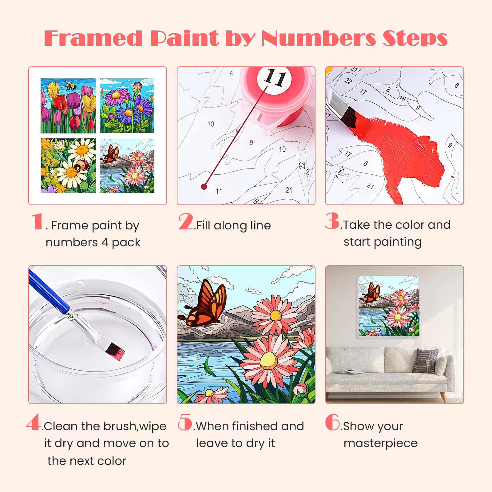 MISCER 4 Pack Flor Pintar con Numeros con Marco, Flower Pintura Pintar por Numeros Adultos Niños,Pintura DIY en Acrílico u Óleo, Adecuada para Decoración del Hogar 20X20cm