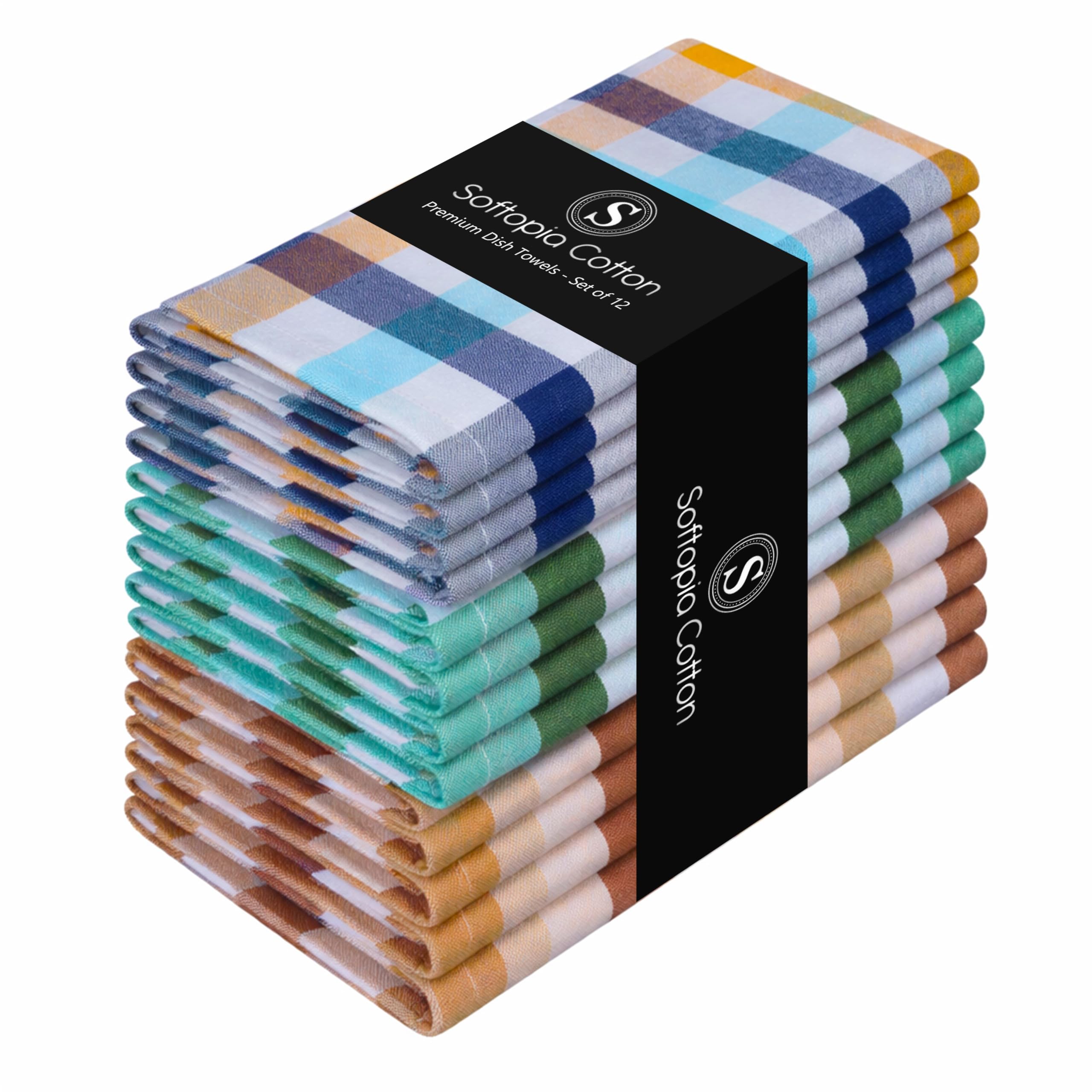 Checked Kitchen Dish Towels 12 Pack Combo, 18"x26", Quick Dry Wash Rags, Reusable Dishcloths, Absorbent Hand Towel - Mint Green, Water Green, Indigo Blue, Mustard Yellow, Brown, Beige