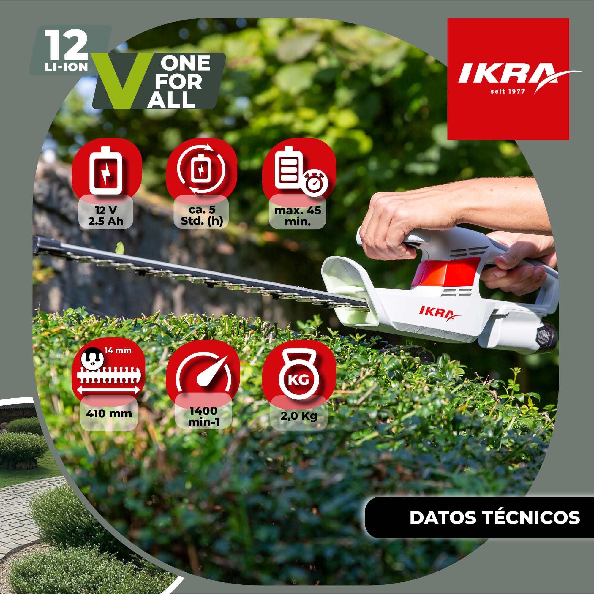 IKRA Cortasetos IAHS 1240, con batería y Cargador, Peso Ligero de 2 kg | Cuchilla con guía de aluminio y protector, longitud 41cm, grosor de corte 14mm, compatible con la gama de baterías IKRA 12V