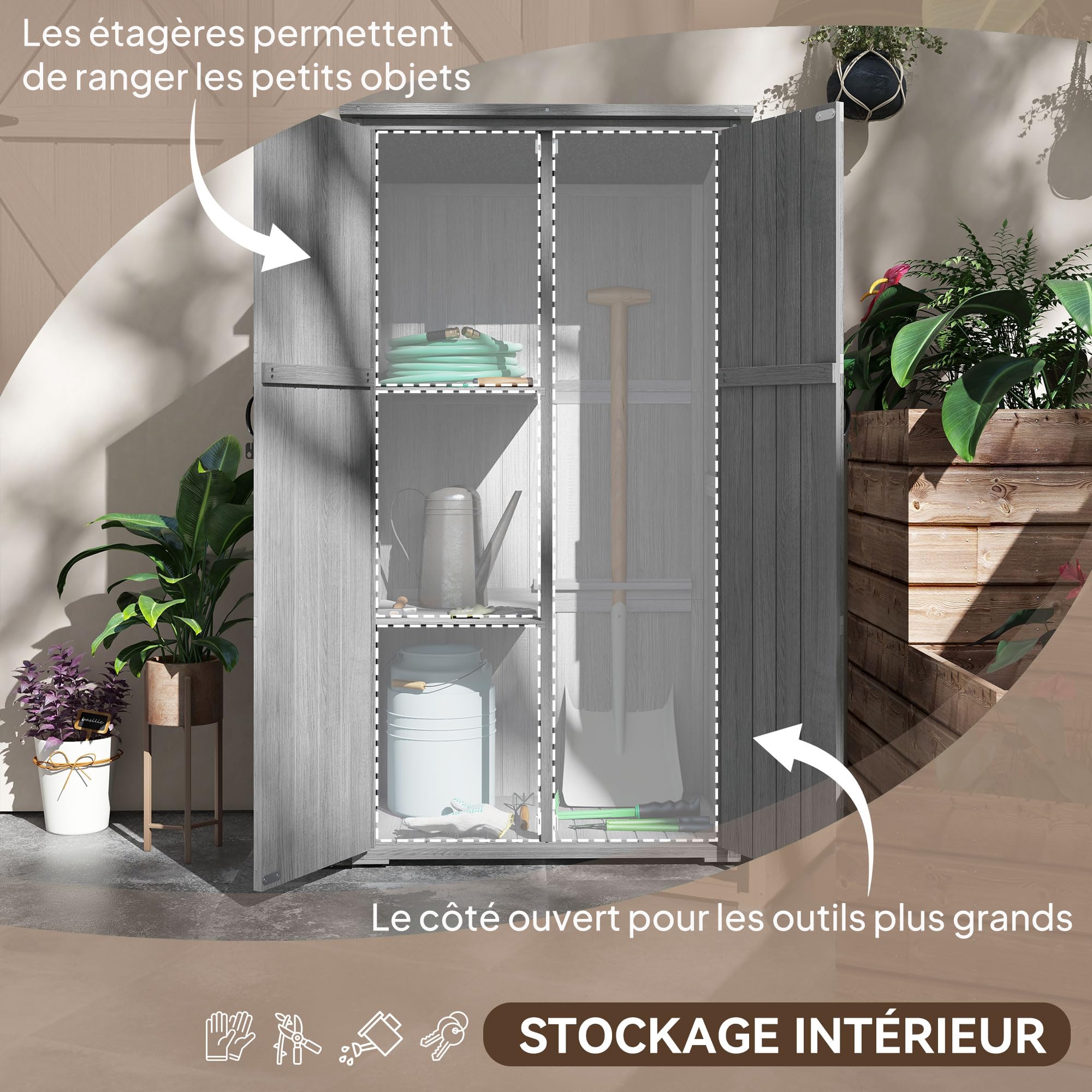Outsunny Armoire de Jardin 90x54,5x161/168,5 cm Gris Bois Massif Toit incliné bitumé 2 étagères