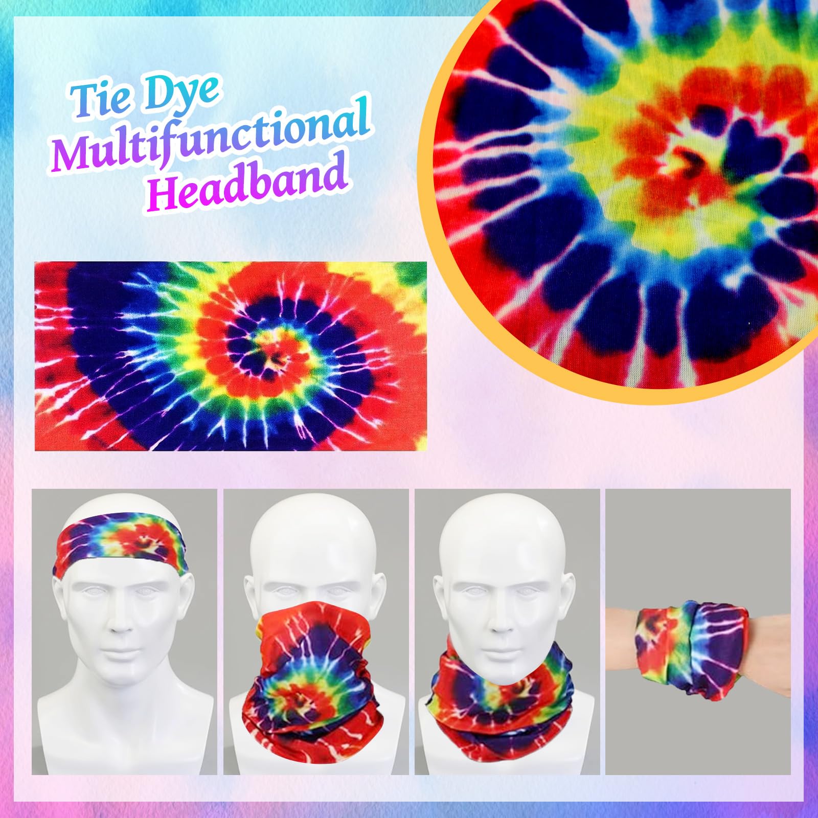 GOTRUST 5pcs Hippie Costume Set, 60s 70s Hippy Fancy Dress Accessories with Tie Dye Headband, Peace Necklace - Image 4