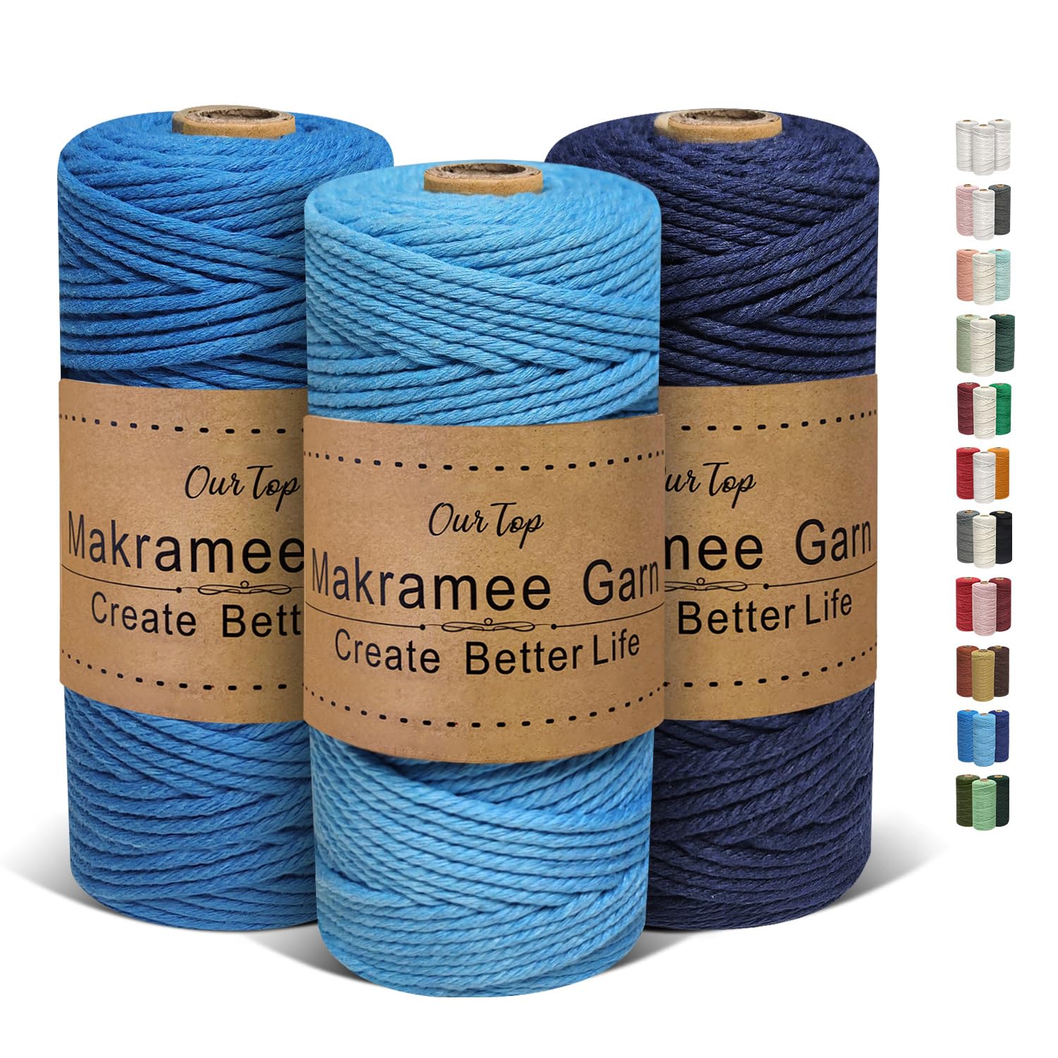 OurTop Premium Makramee Garn 3er Set, 3mm x 100m Macrame Cord Makramee Schnur Makramee Kordel, Garn für DIY Handwerk, Weben Dekoration, Hängepflanze Pflanze Aufhänger(Hellblau, Blau, Dunkelblau)