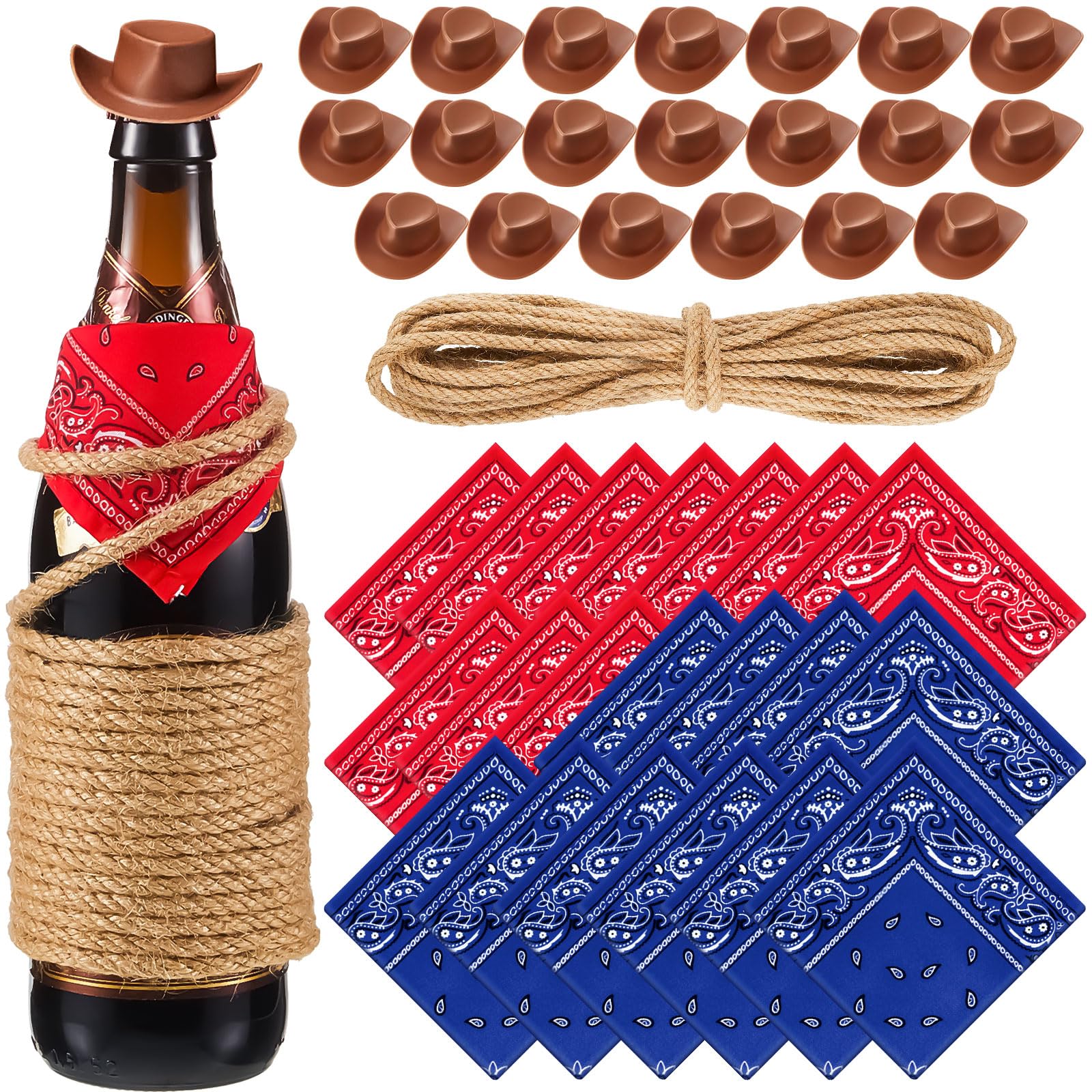 Leitee 20 Sets Mini Cowboy Hats for Crafts Plastic Tiny Cowgirl Hat with Bandanas for Western Cowboy Party Decoration