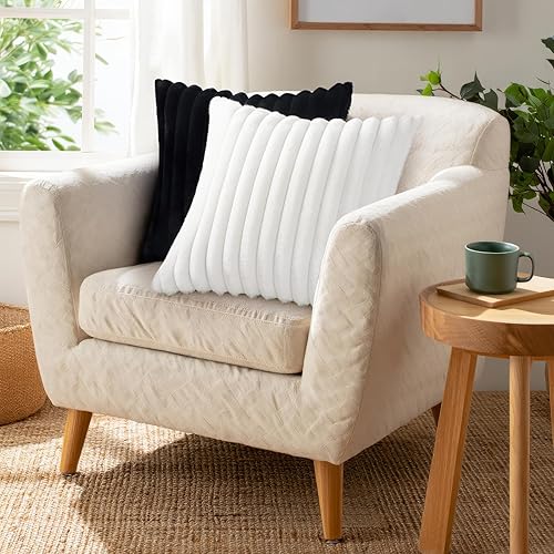 Miniatura 4 de Pallene Juego de 2 fundas de almohada de felpa de piel sintética de 20 x 20 pulgadas, lujosas, suaves y esponjosas a rayas decorativas para sofá,