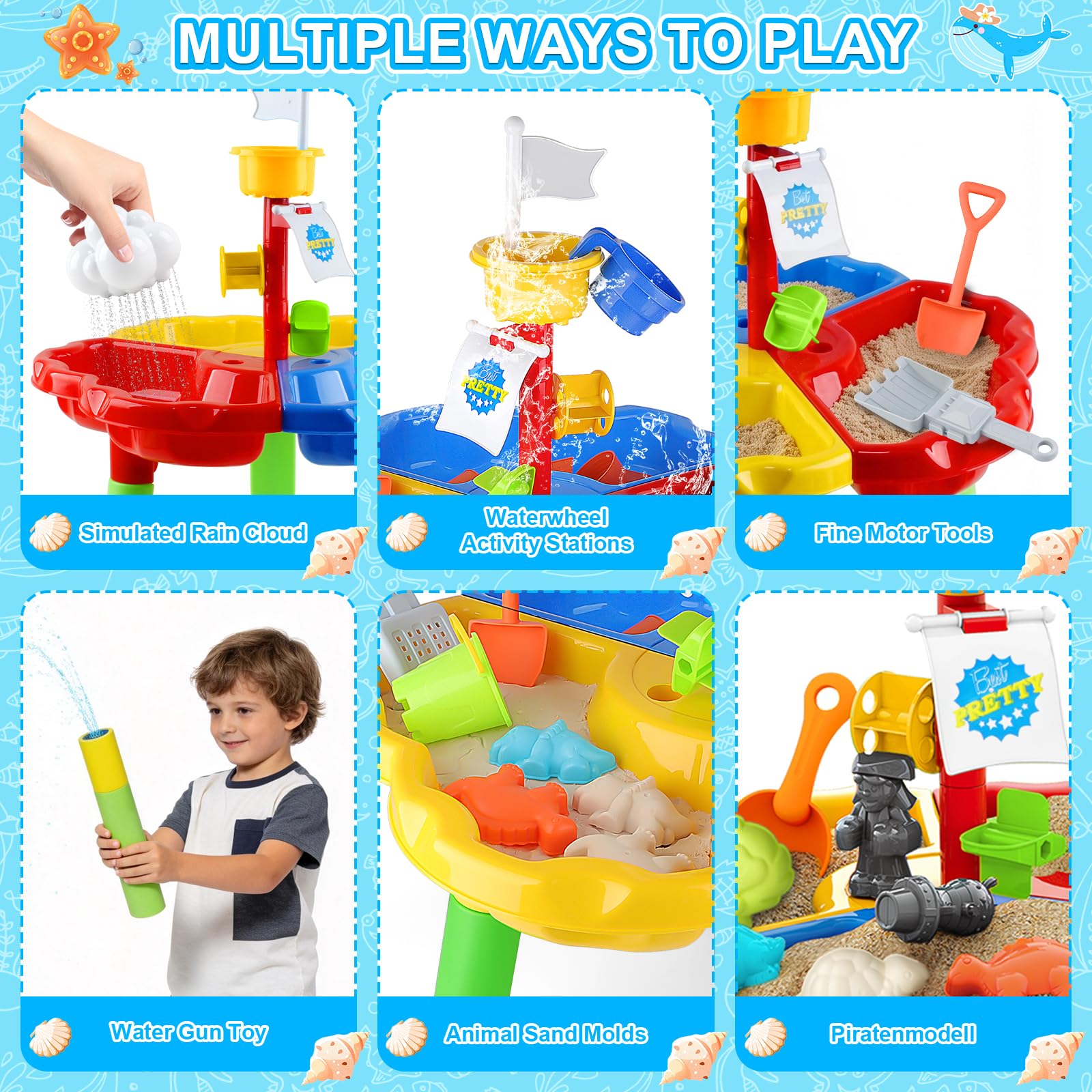deAO Tavolo da Sabbia e Acqua per Bambini, Giochi da Esterno e Giardino, con 10 Accessori, Sicurezza e Creatività, Ideale per Spiaggia e Casa