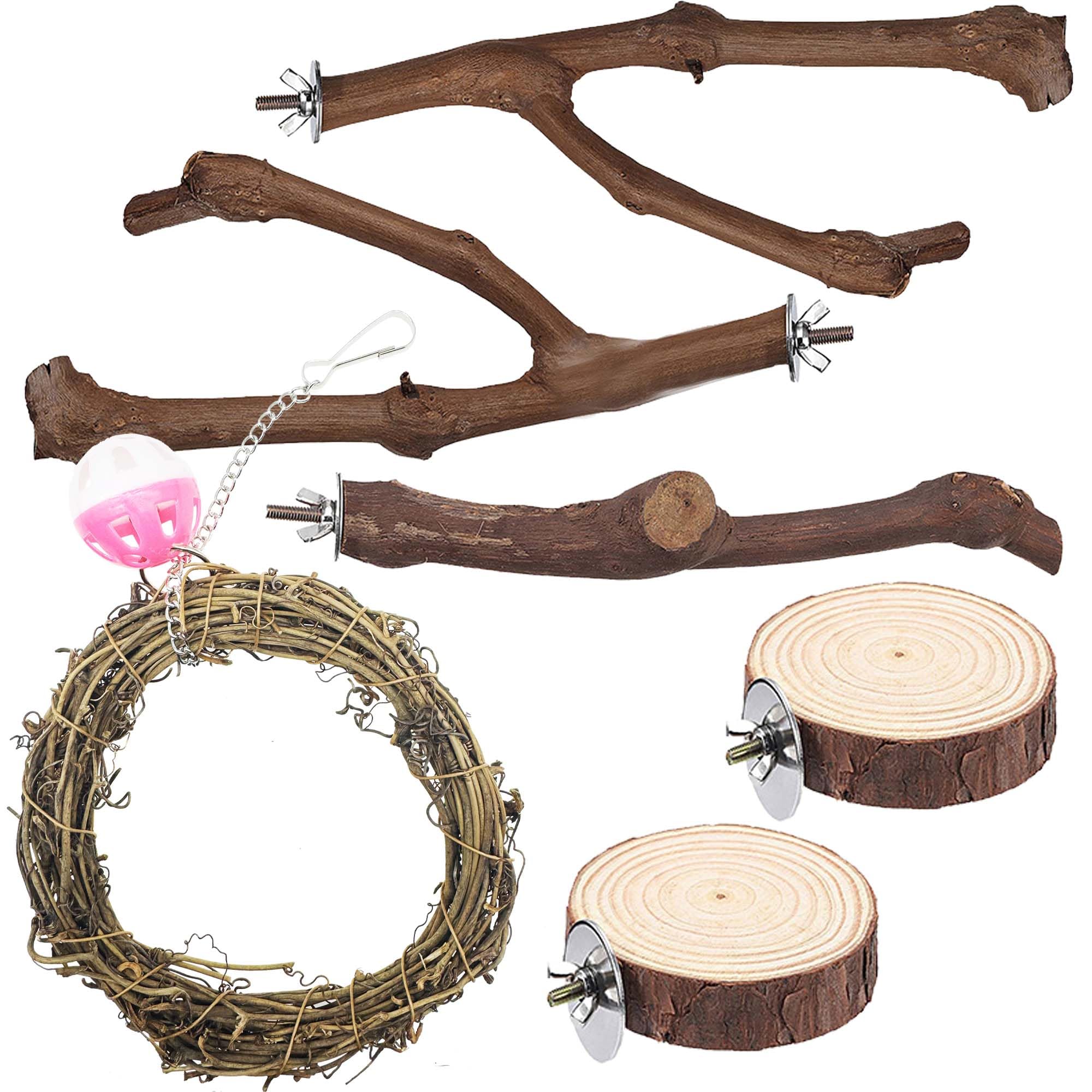 Allazone 7 PCS Natural Parrot Perch Bird Stand, Bird Platforms, Grape Wood Stands, Chewing Toy for Small Lovebirds Budgies Cockatiels