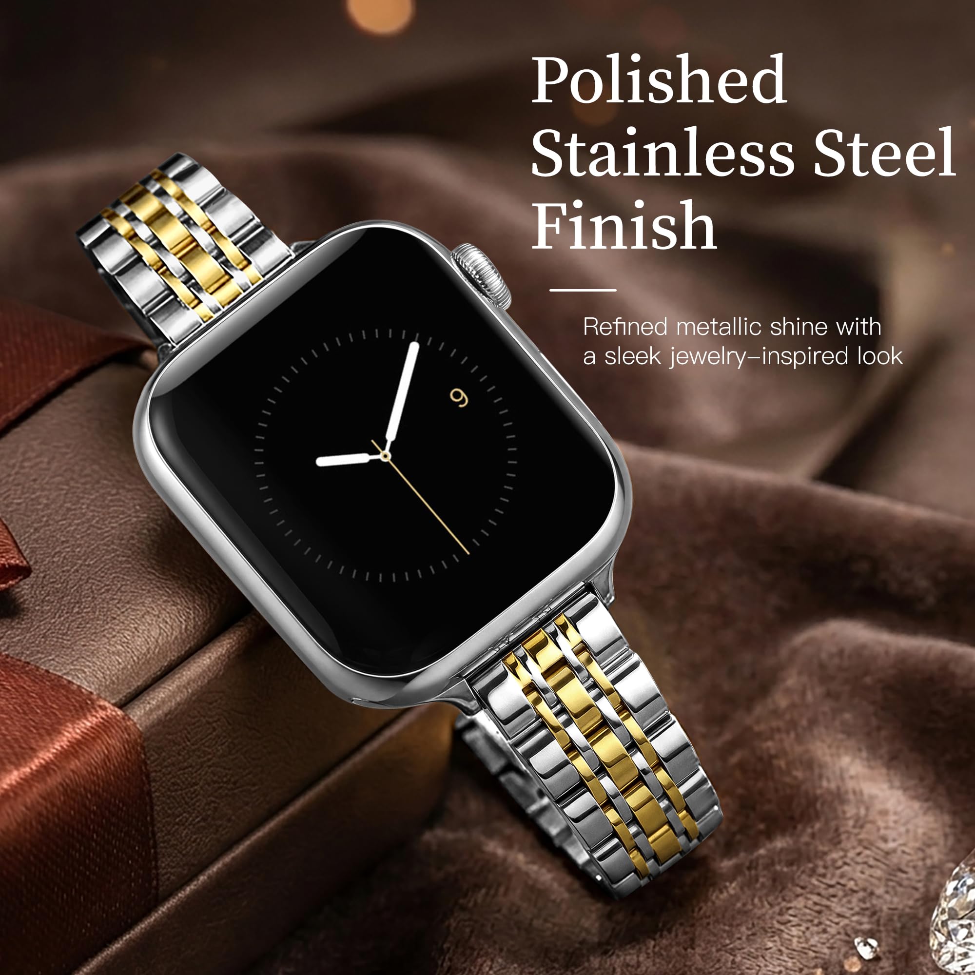 Lerobo Bracelet fin en métal compatible avec les bracelets Apple Watch pour femme 40 mm, 41 mm, 42 mm, 38 mm, 44 mm, 45 mm, 46 mm, 49 mm, bracelet fin et élégant en acier inoxydable pour iWatch Series