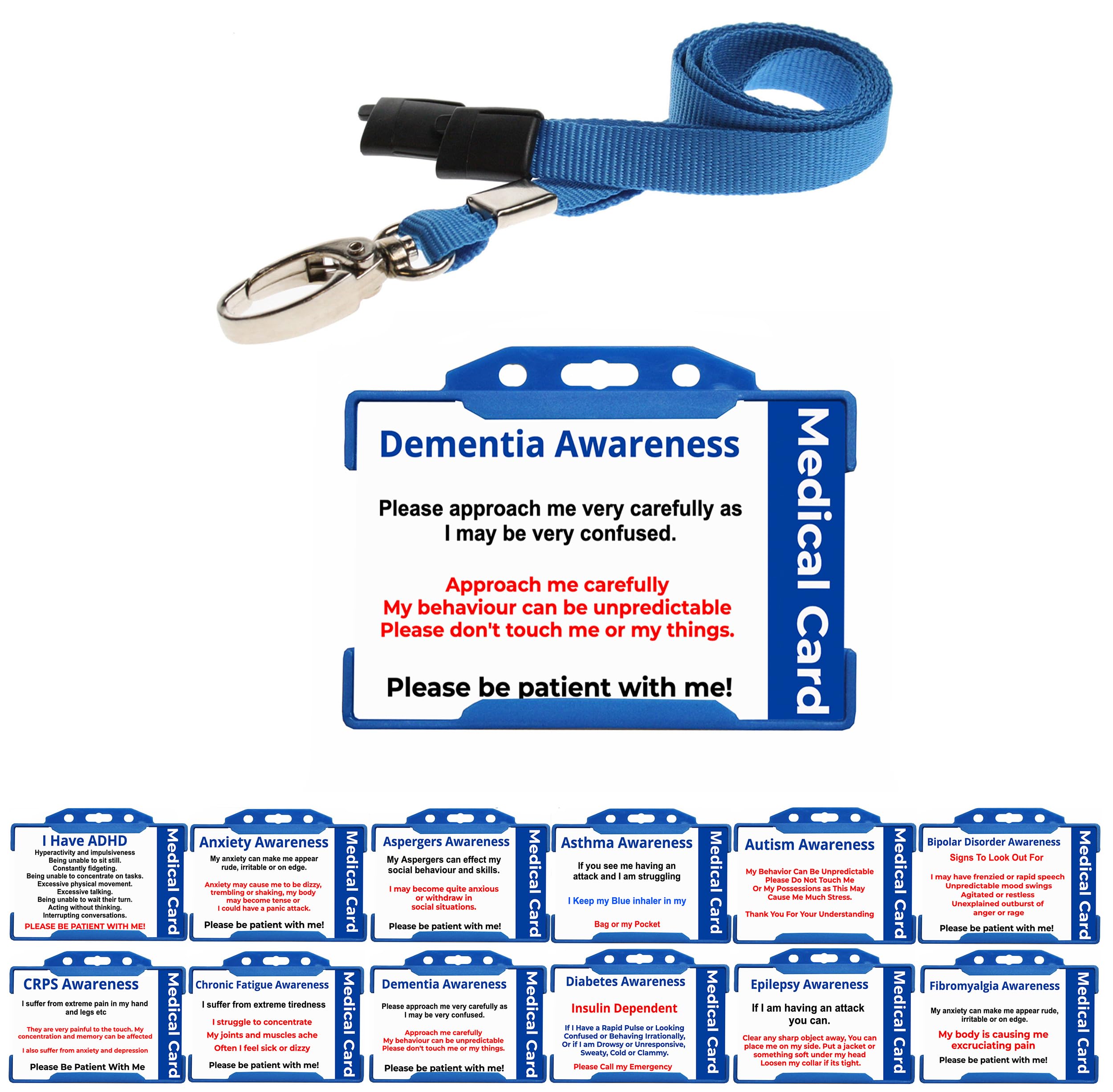 Quantum Leap Dementia Awareness Hidden Disability Badge Printed Plastic Medical Card - with Blue Holder & Blue Lanyard
