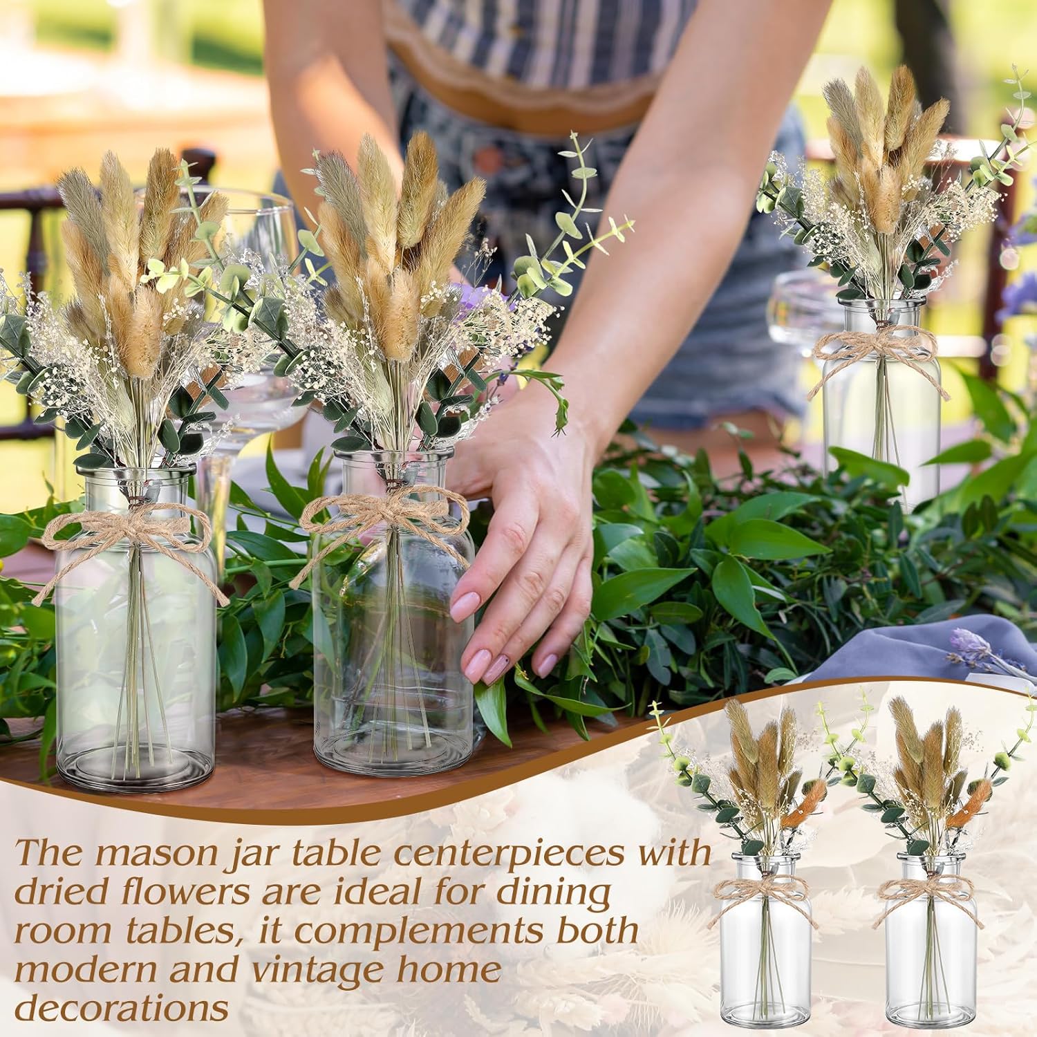 Janinka 10 Sets Mason Jar Table Centerpieces for Dining Room Boho Mason Jars for Centerpiece Vintage Glass Vase with Eucalyptus Leaves Dried Sage for Xmas Wedding Engagement Party - Image 7