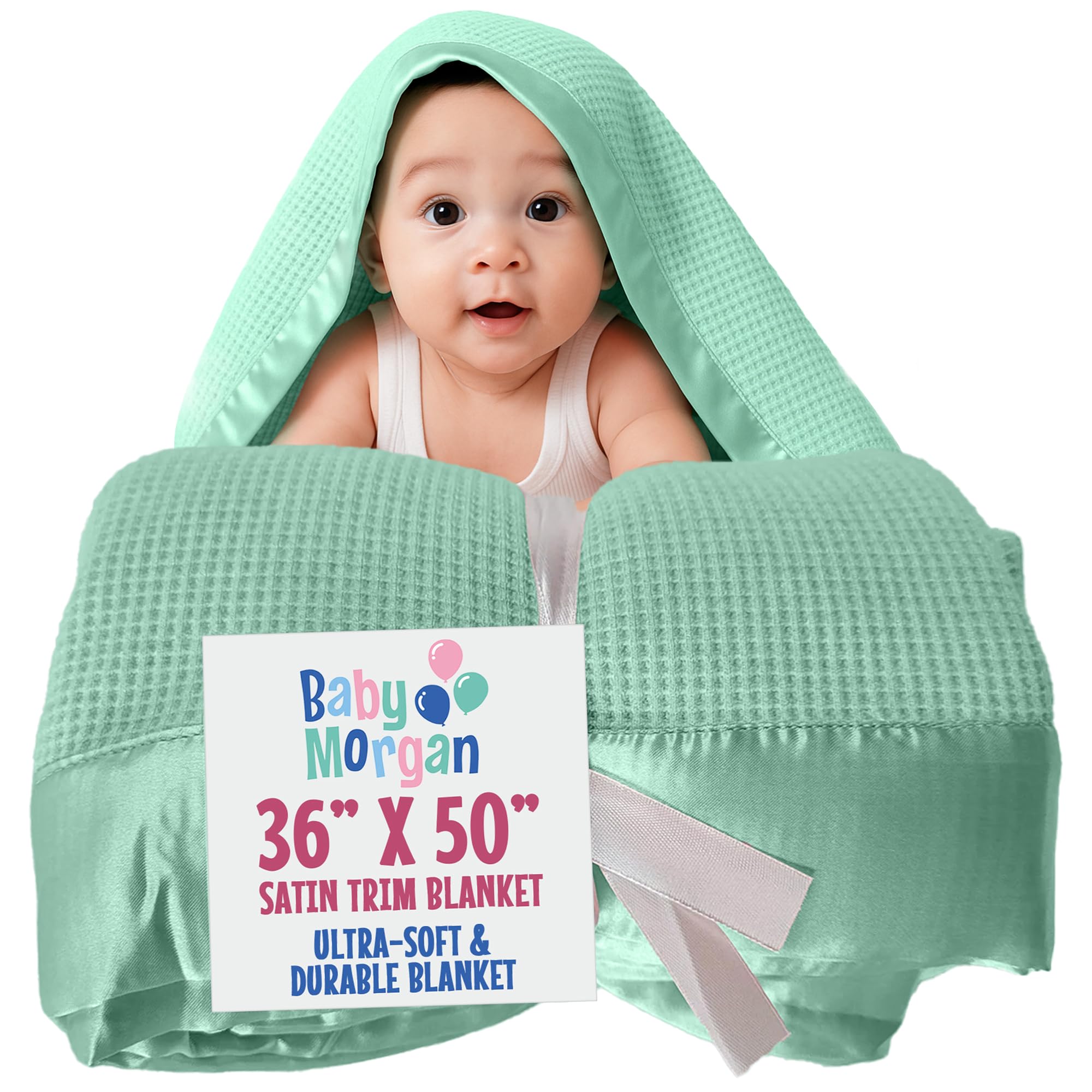 Thermal Waffle Knit Baby Blanket Satin Trim Mint Green 36"x50"