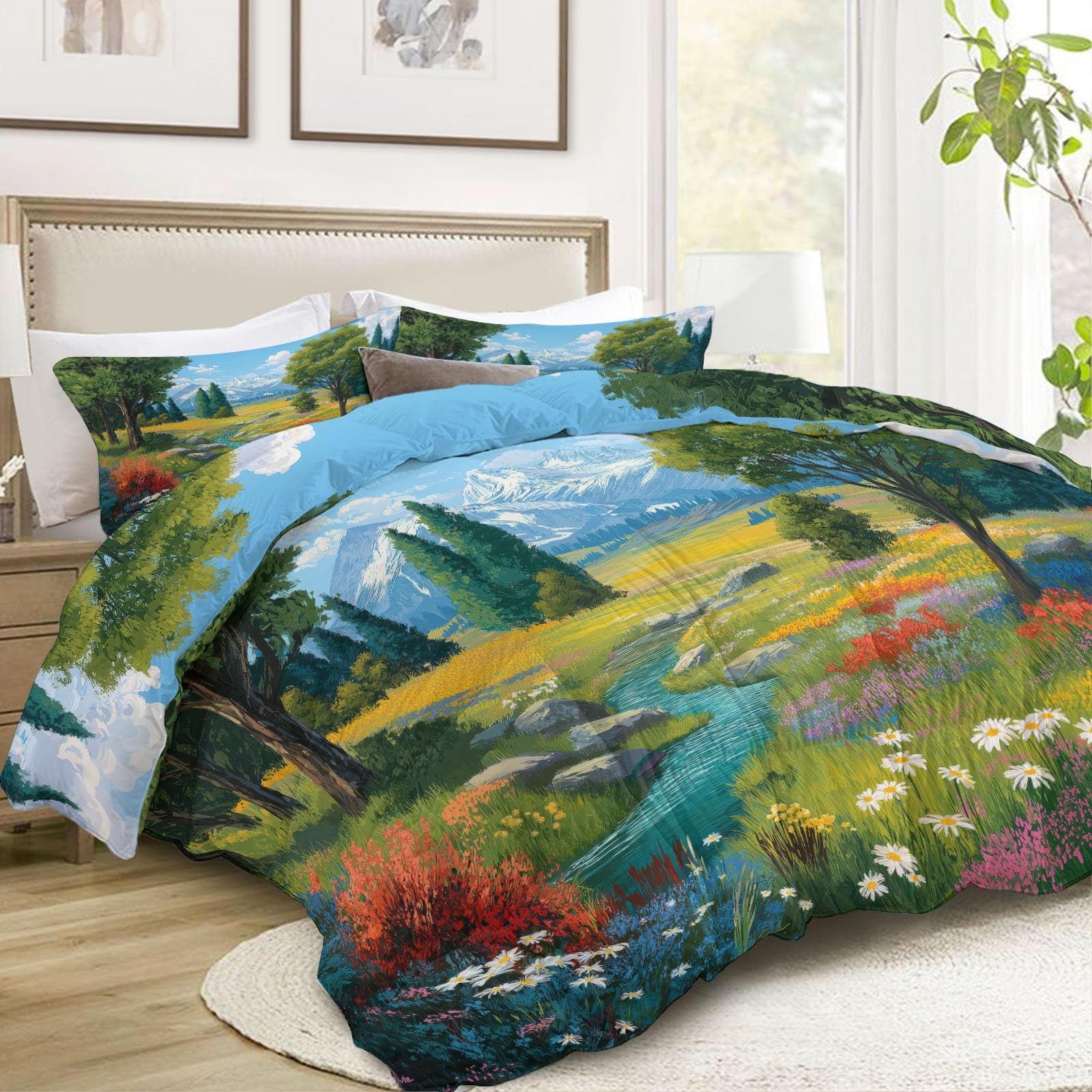Genérico Edredon Flores Landscape Creek Print Bedding Kołdra 220 x 220 cm Poszwa na kołdrę z włókna 400 g/m², Oddychająca kołdra z mikrofibry na wszystkie pory roku, zielona