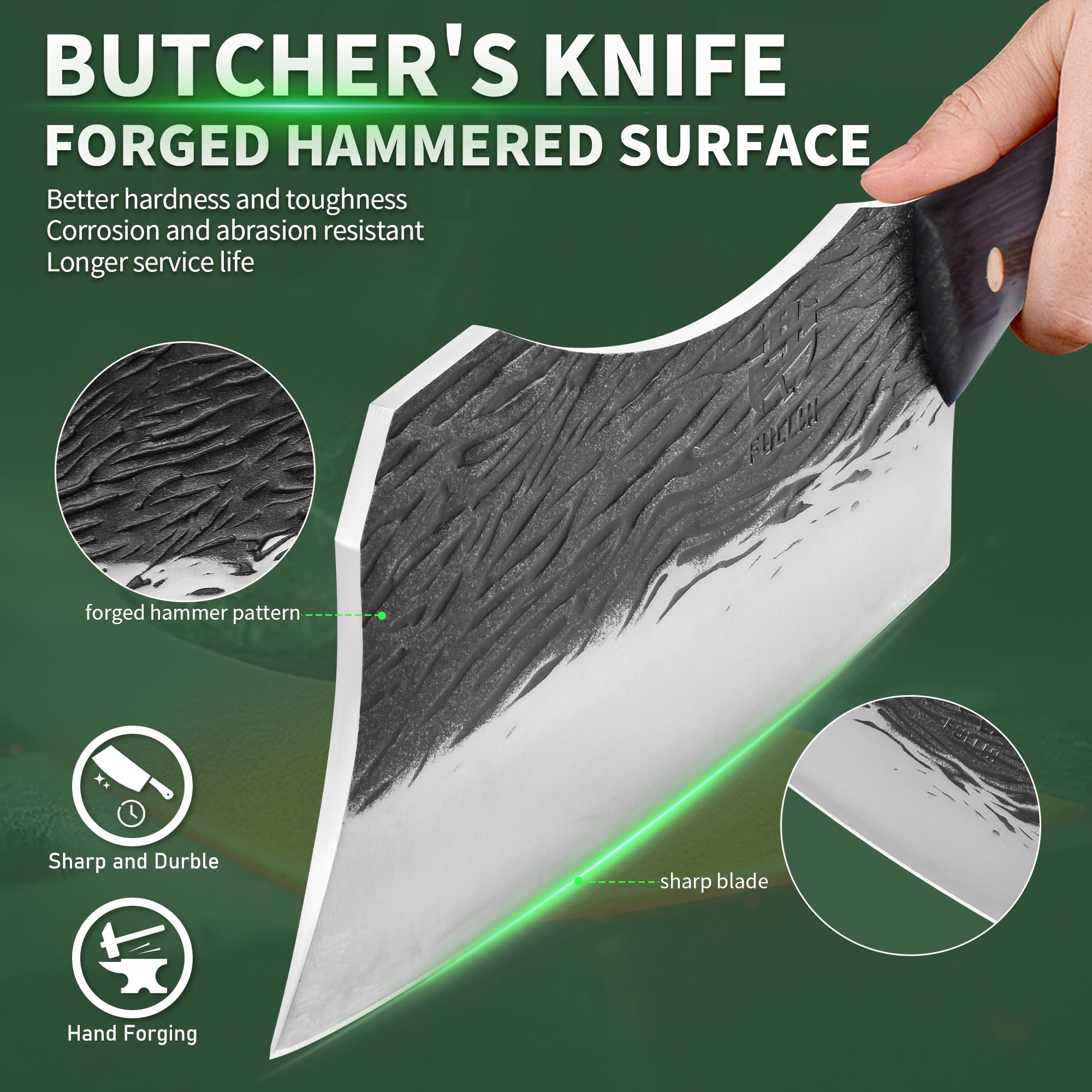 FULLHI Meat Cleaver bbq Cuchillo de Chef con Fundas de Acero al Carbono para Cortar Carne Set de Cuchillos de Cocina para Regalos Idea Hombres mujeres (Marrón, 19,5cm)