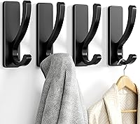 pickpiff Heavy Duty Adhesive Wall Hooks (13lb Max) - Damage-Free Sticky Hangers for Towels, Coats, Robes - Black 4 Pack, Rustproof Aluminum