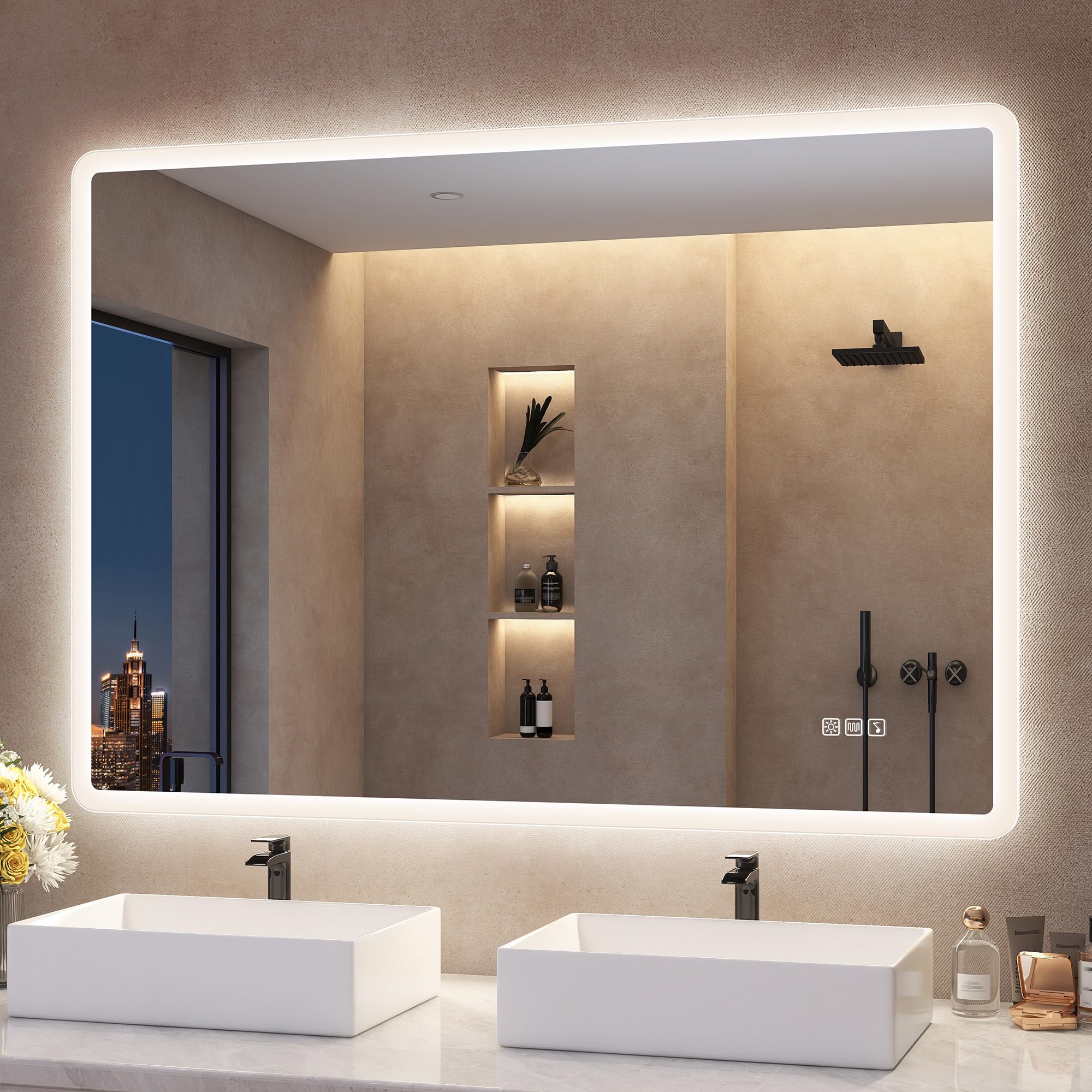 S'bagno Espejo-Baño-con-Luz 100x70cm, Espejo-Baño-Led-Bluetooth, Antivaho, 3 Colores, Regulable, Memoria, Vidrio Templado HD, Resistente Al Agua IP44, Vertical/Horizontal