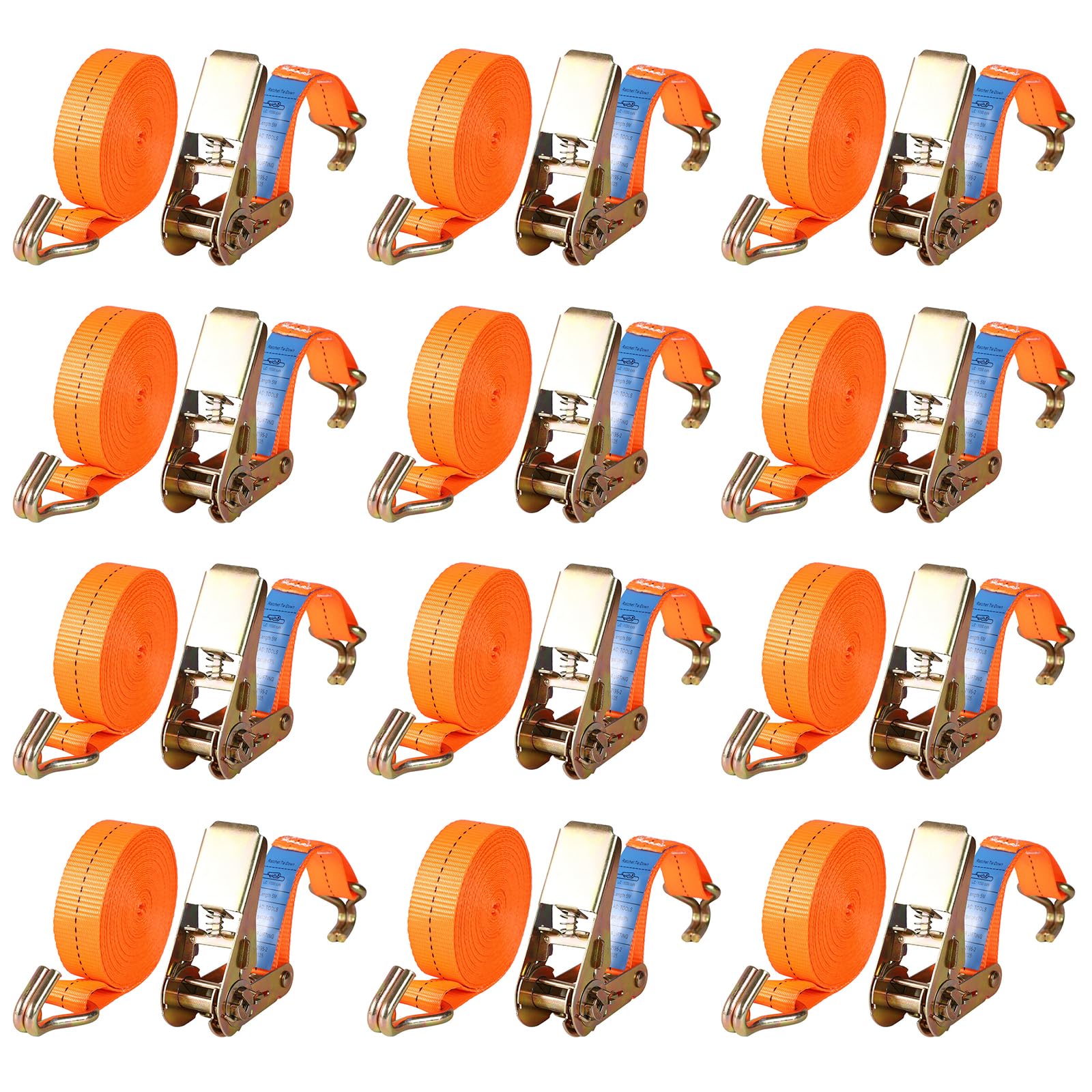 12 PCS Ratchet Tie Down Straps 4m x 25mm, 2204lb Break Strength, Heavy Duty Lashing Strap, Bearing 1000KG Securing Straps with Handle and Metal J Hook for Trucks, Cars, Motorcycles