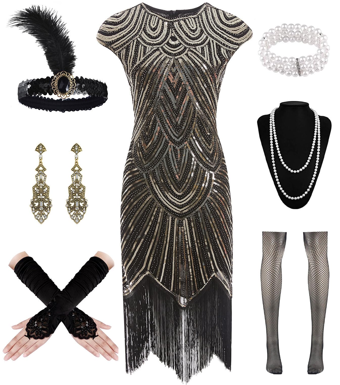 WILDPARTY 1920s Women Flapper Dresses Sequin Dresses Vintage Lace Fringed Cocktail Dress with 20s Accessories Set