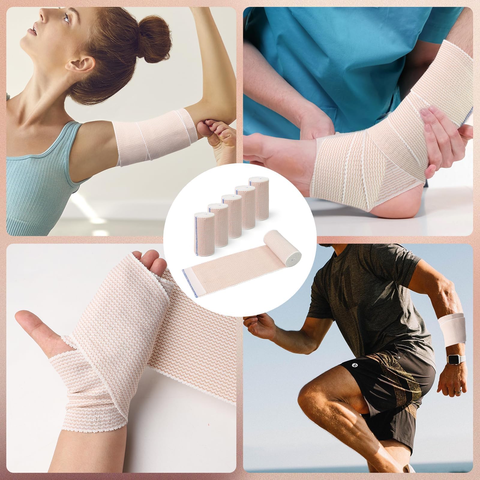 Vendas Elasticas Compresion 6 Rollos Venda Elastica Adhesiva 15 cm x 4,5 m Vendaje Deportivo Algodón Vendaje Autoadhesivo Vendaje de Gasa para Tobillos Brazos Rodillas Piernas