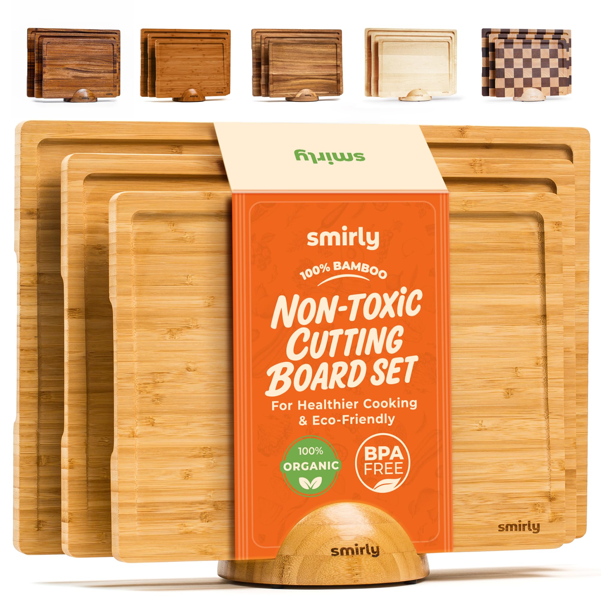 SMIRLY Wooden Cutting Boards For Kitchen Meal Prep & Serving - Bamboo Cutting Board Set with Holder, Charcuterie & Chopping Board, Wood Cutting Board Set, Kitchen Gadgets