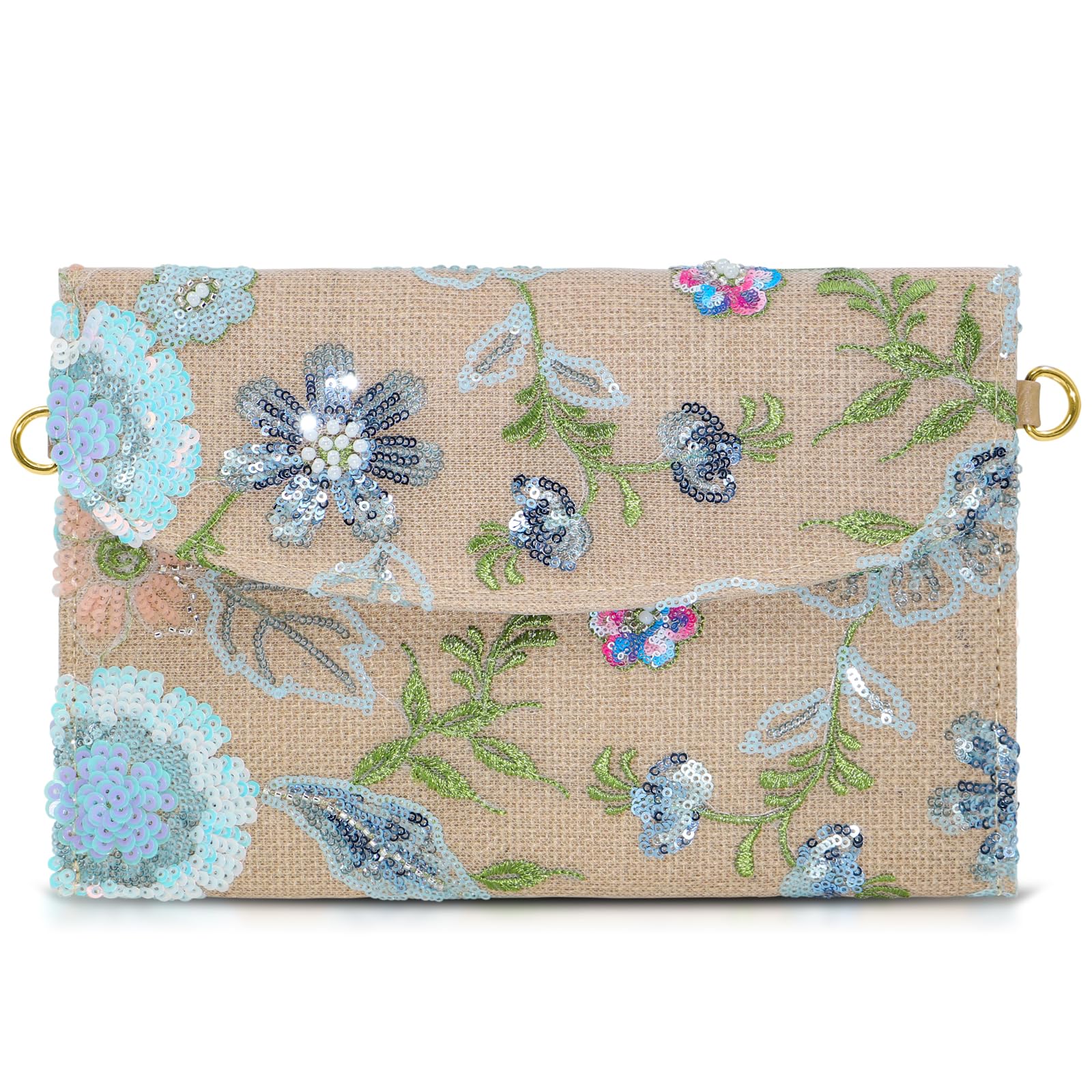 QTKJ Envelope Package, Clutch Purses for Women, Sequin Embroidered Flowers Straw Bag, Bohemian Handmade Handbags(Style 1)