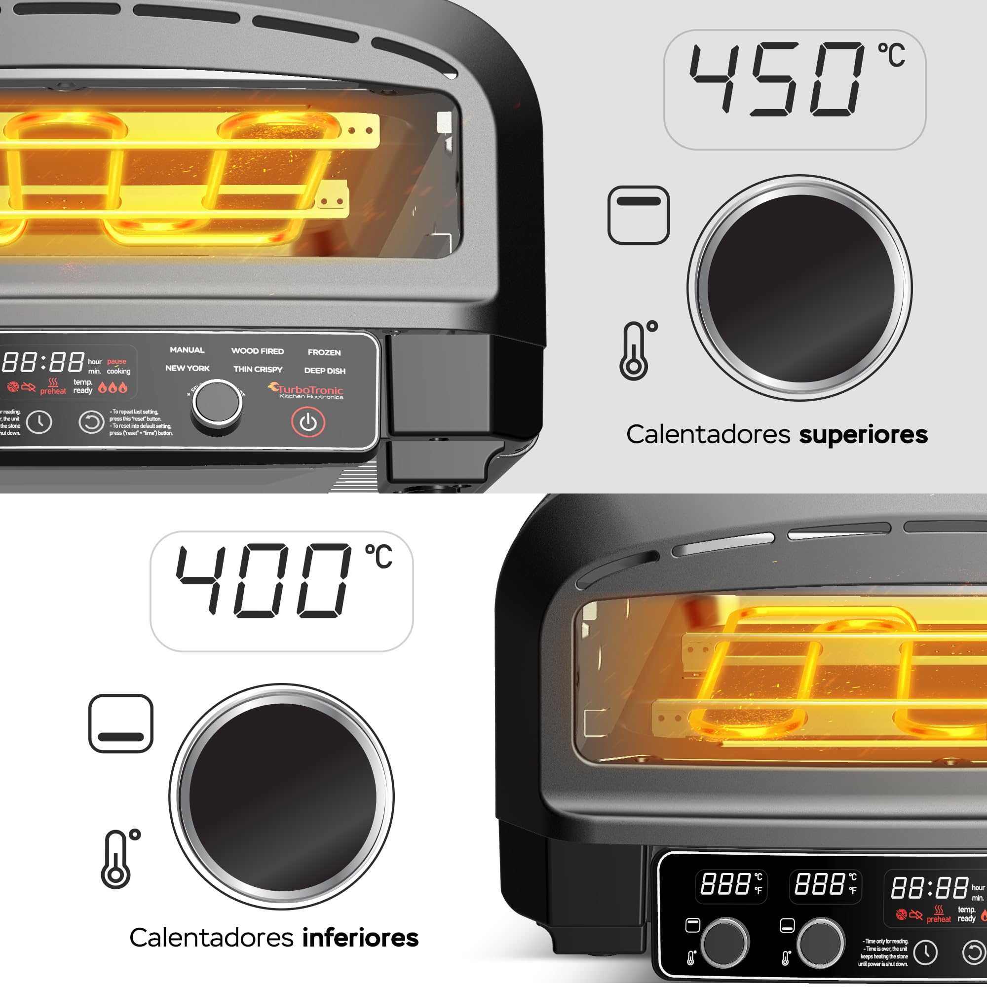 TurboTronic Horno Eléctrico para Pizza 2200W, hasta 450 °C, para Pizzas de 37 cm (14,6"), con Piedra para Pizza, Uso Interior y Exterior, Ideal para Casa, Jardín, Cocina