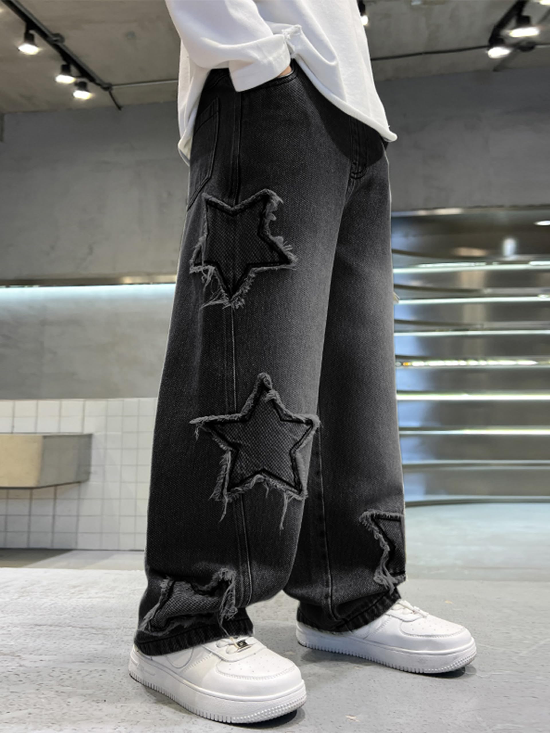 Rolanko Vaqueros Baggy Cargo para Niños Jeans Skater con Cintura Elástica y Multi-Bolsillos Pantalones Denim Vintage Bootleg Streetwear para Niños