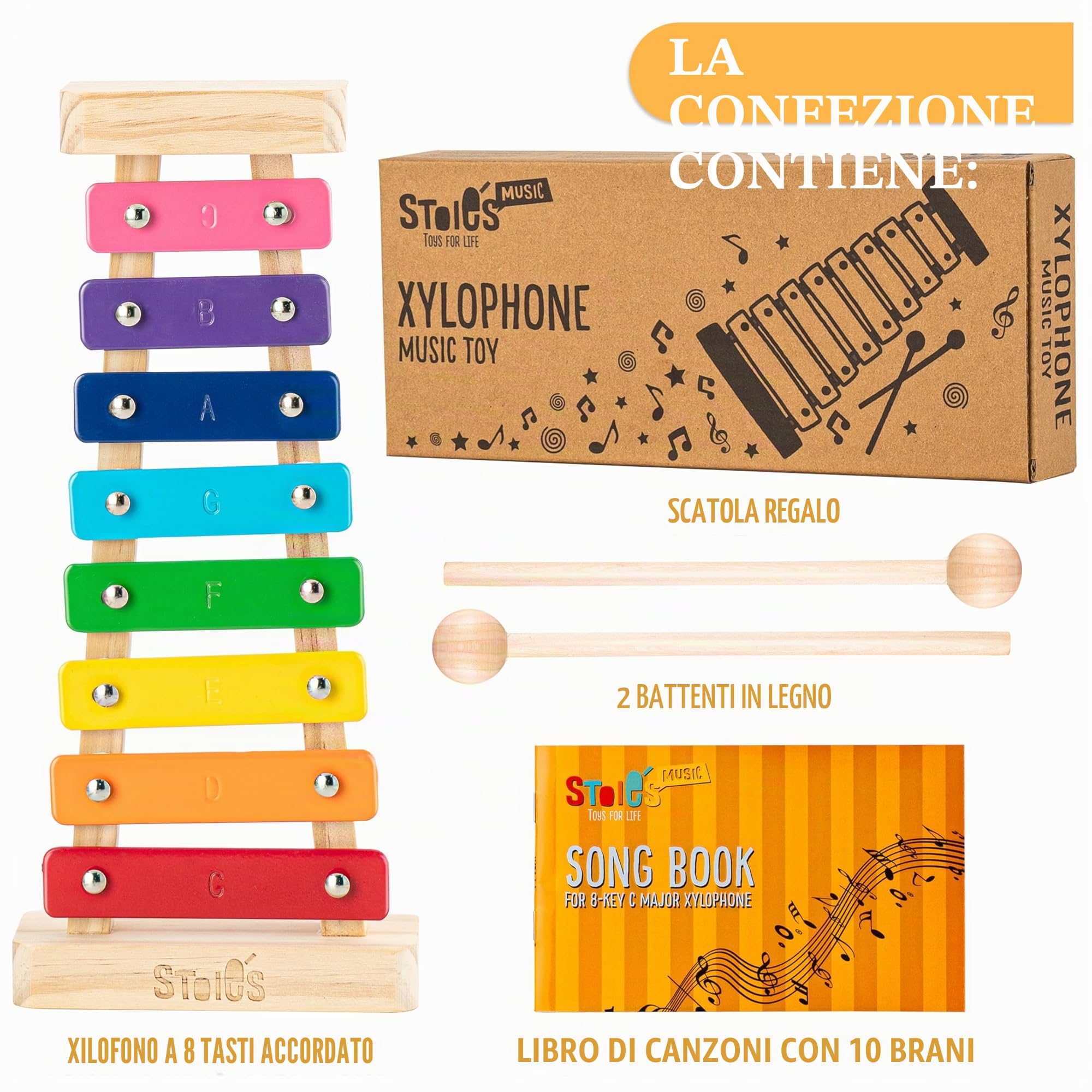 Xilofono in Do maggiore 8 tasti con le bachette in legno, per bambini e adulti, facile da suonare, libro di canzoni incluso