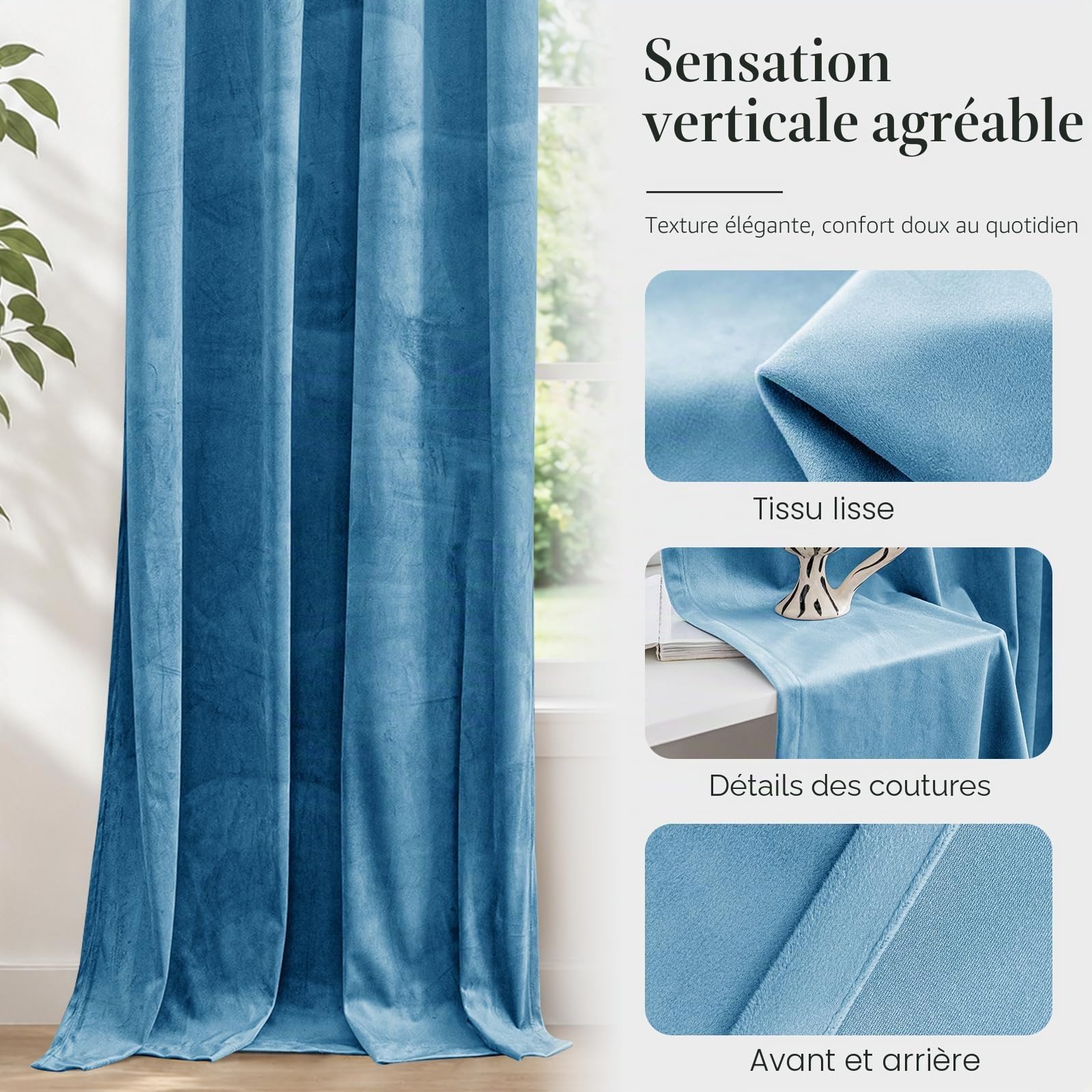 Ystyle Rideau Occultant Velours Lot De 2, 140x145cm, Bleu | Rideaux Salon Rideau Thermique Isolant Anti Chaud Intérieurs, Rideau Phonique Anti Bruit, Moderne Chambre Maison Dressing