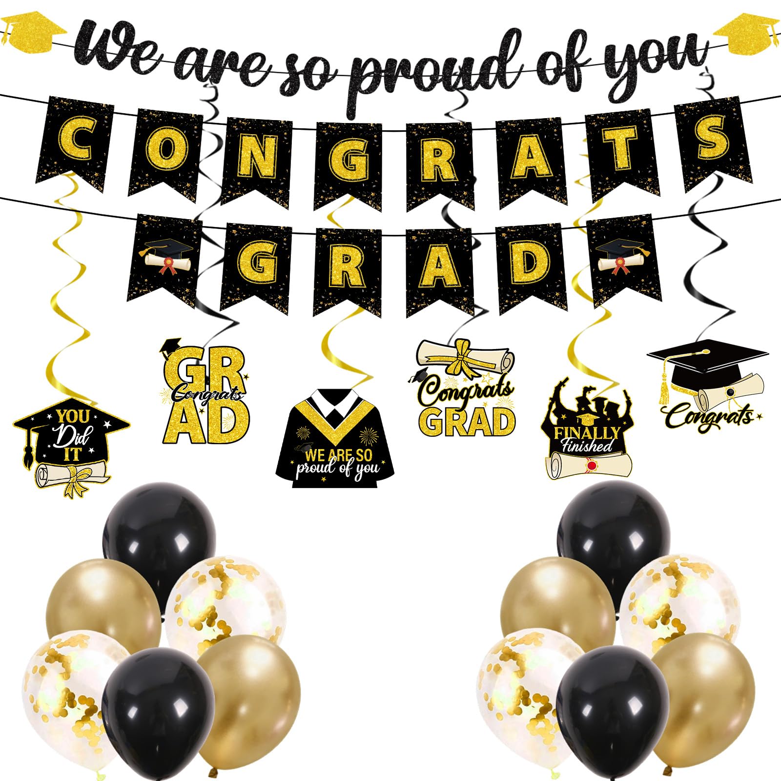 PURCAFT 21pcs Graduation Party Decorations Congrats Grad We Are So Proud of You Banners Hanging Swirls Balloons Class of 2026 Grad Themed Party Decor Supplies