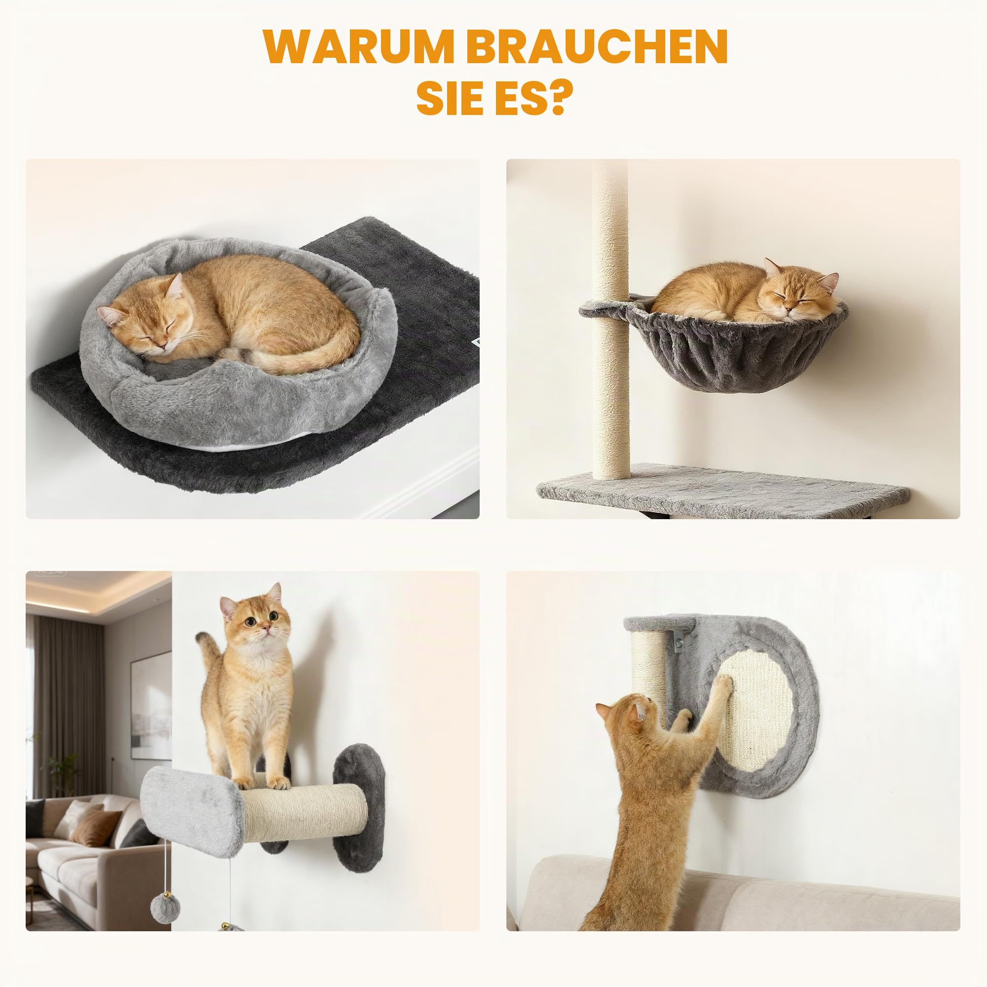 PawHut 5-teilige Wand-Katzenregale mit 2 Nischen, bis 5 kg, Grau