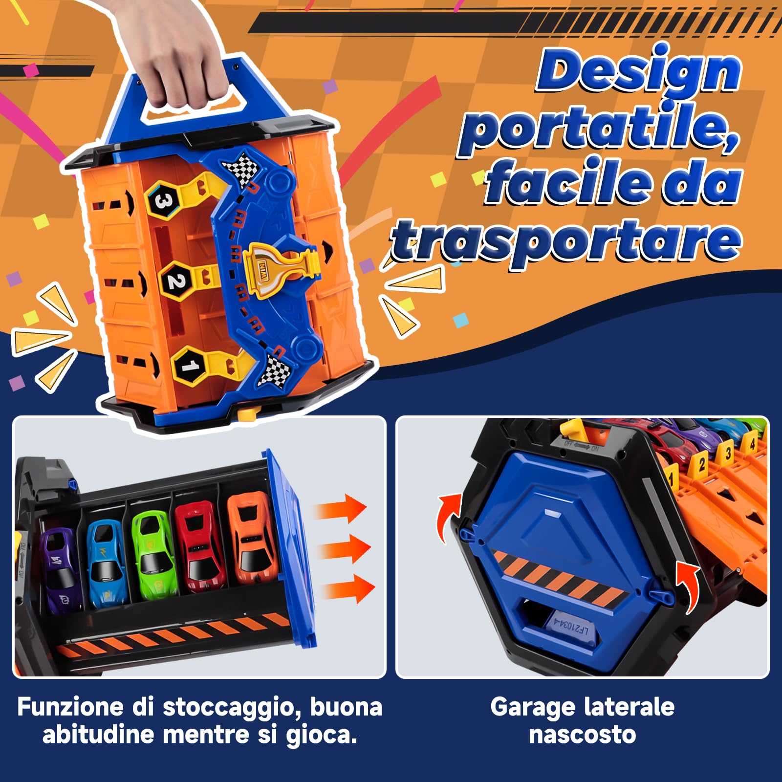 BuzzoXerex 5 in 1 Macchine Pista, Camion Trasportatore con 5 Auto, Giocattolo Pista da Corsa Storage Bucket per Bambini, Regalo di Macchinina Giocattolo per Bambino 3 4 5 6 7 8 Anni