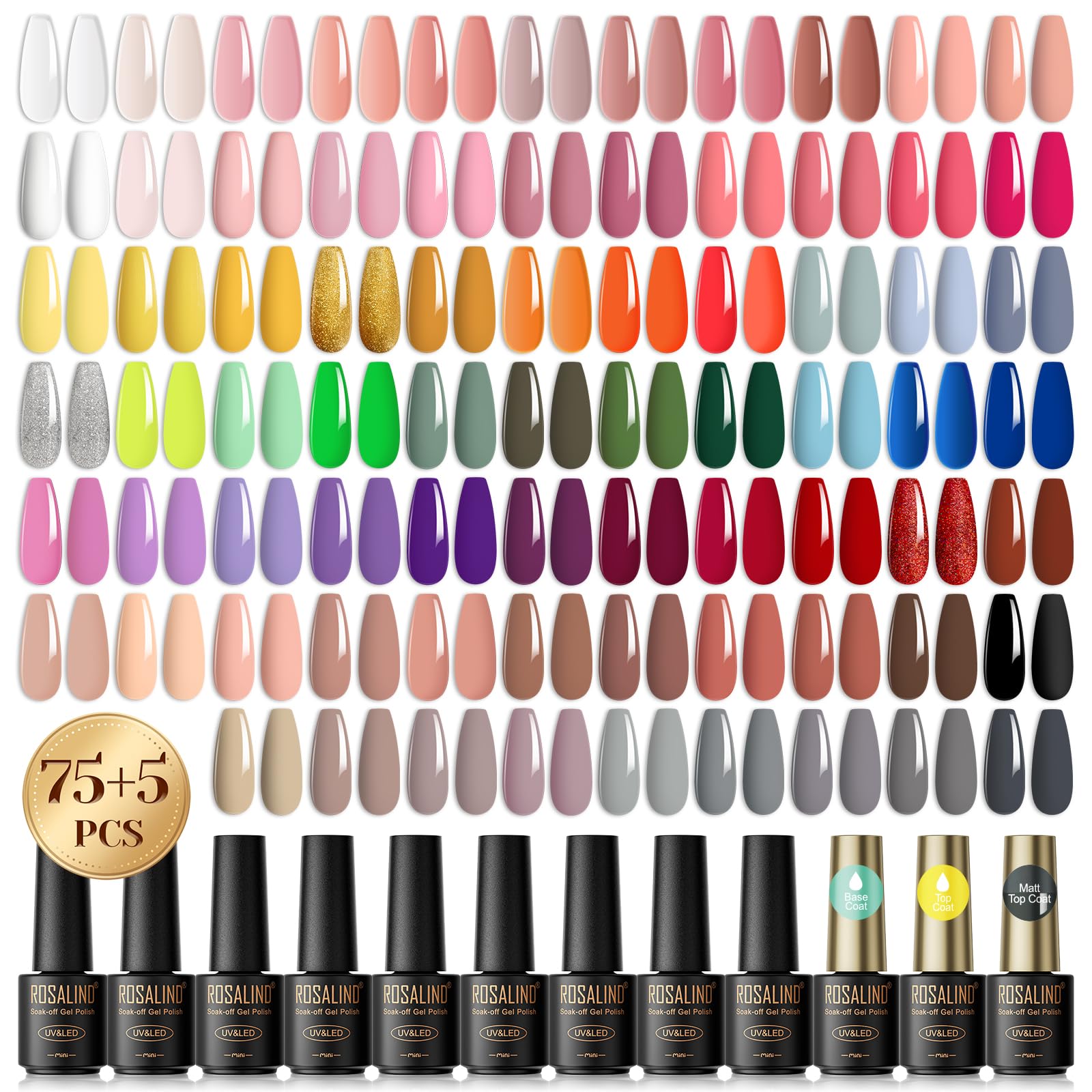 ROSALIND 80 Pcs Esmaltes Semipermanentes de Uñas en Gel UV LED，75 Colores Mini Nude Rosa Oro Naranja Glitter Pintauñas Semipermanentes para Principiantes Art DIY
