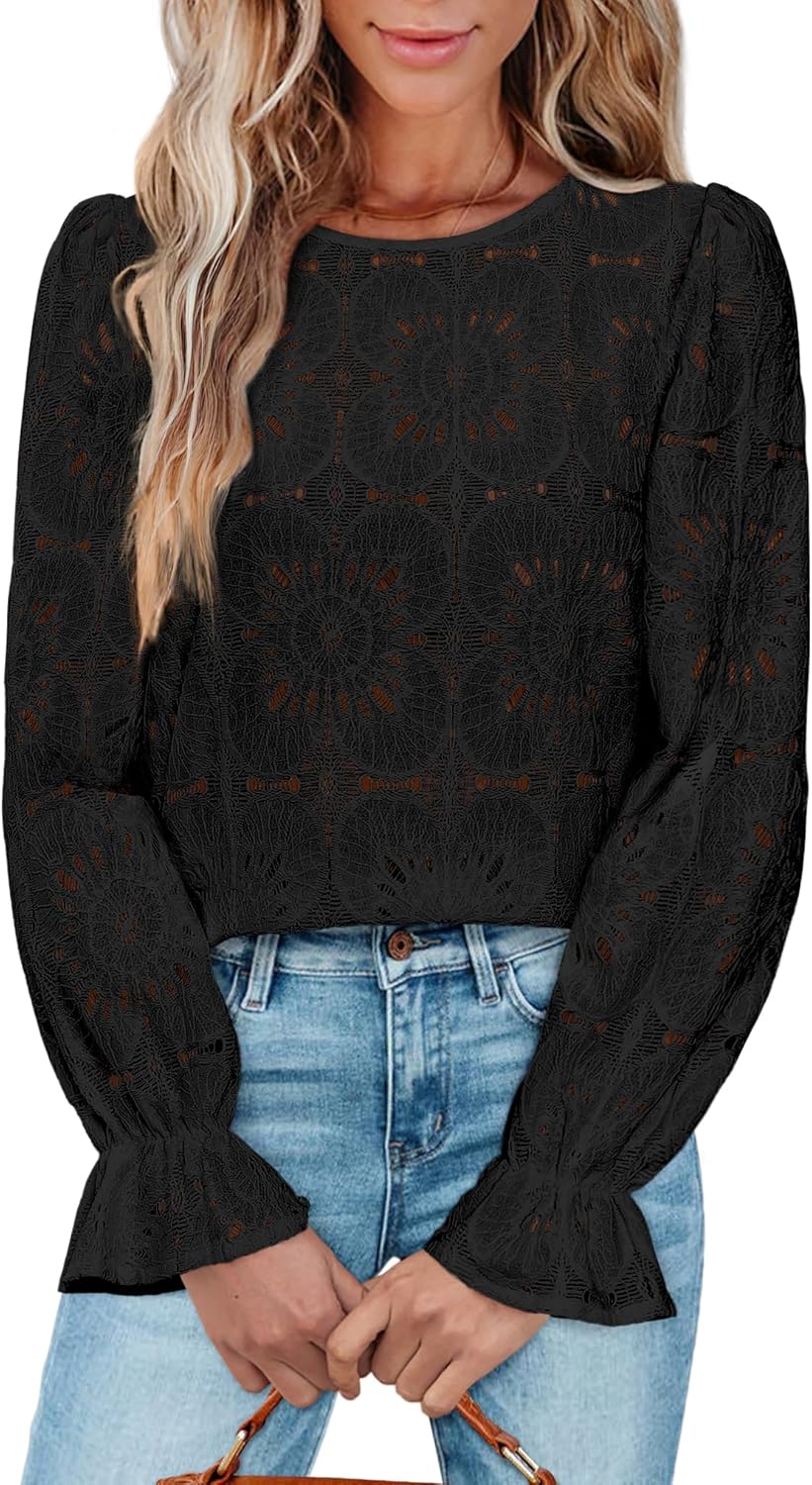 Women's Long Sleeve Eyelet Shirts Lace Embroidered Blouses Dressy Casual 2026 Fall Fashion Tops Black XX-Large