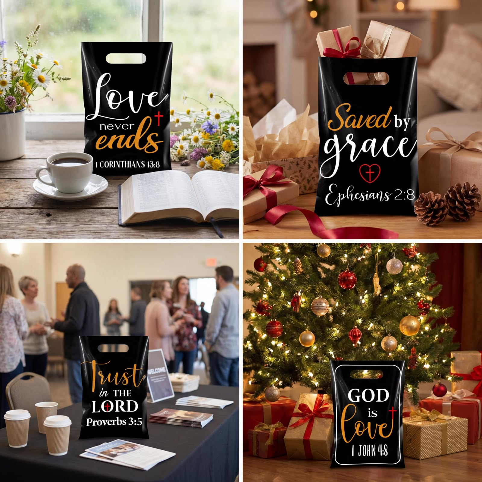 Pasimy 100 Pcs Christian Gift Bags Bulk 6.7 x 9.8 In Plastic Bible Verse Religious Goodie Bags Inspirational Scripture Treat Candy Party Favor Pouch for Church Jesus Birthday Gifts(Black,Elegant)