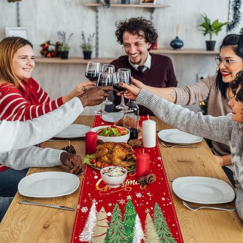 Miniatura 5 de Camino de mesa de Navidad de 72 x 13 pulgadas, camino de mesa rojo con copos de nieve brillantes y patrón de árbol de Navidad para vacaciones,