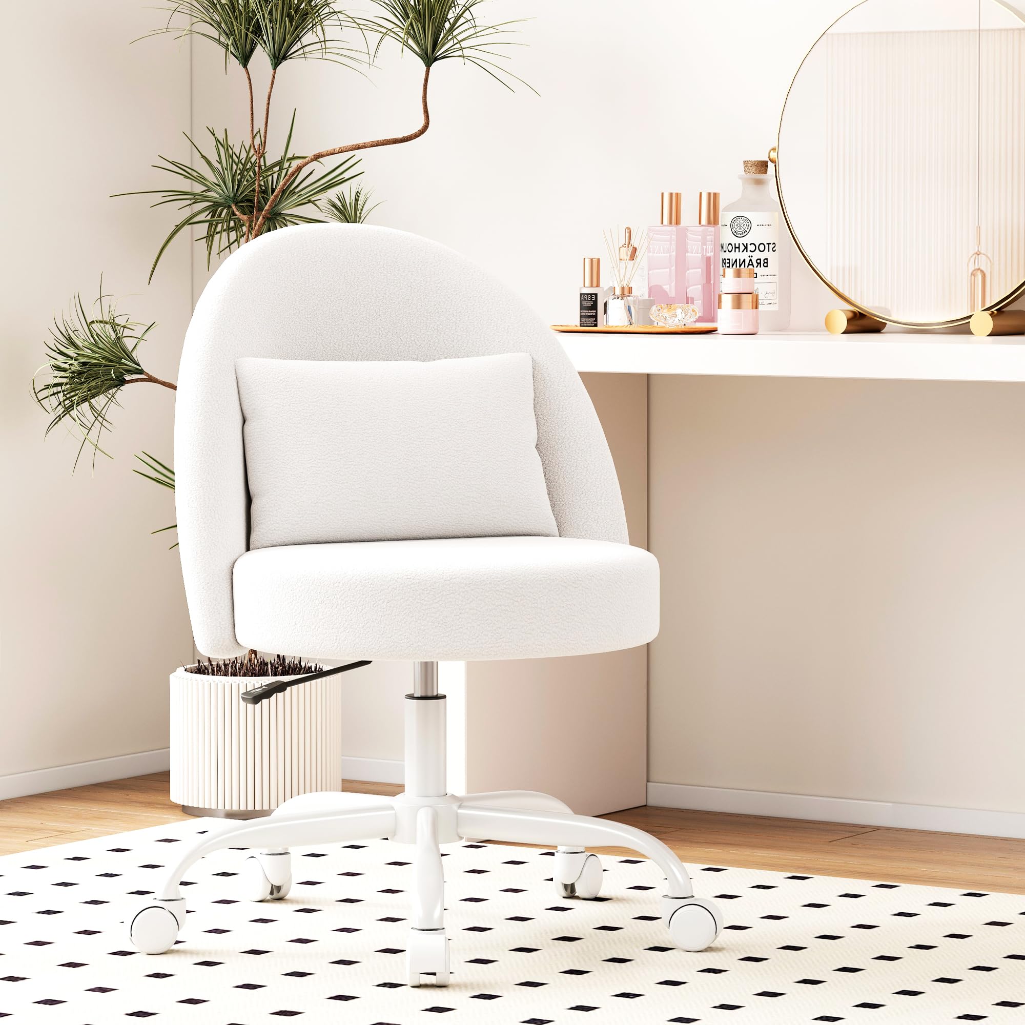 Misolant Vanity Chair with Back, Armless Cute Office Chair with Wheels for Girls, Teddy Fleece Fabric Small Desk Chairs with Adjustable Height, Lumbar Support Pillow, 360°Swivel for Makeup Room, White