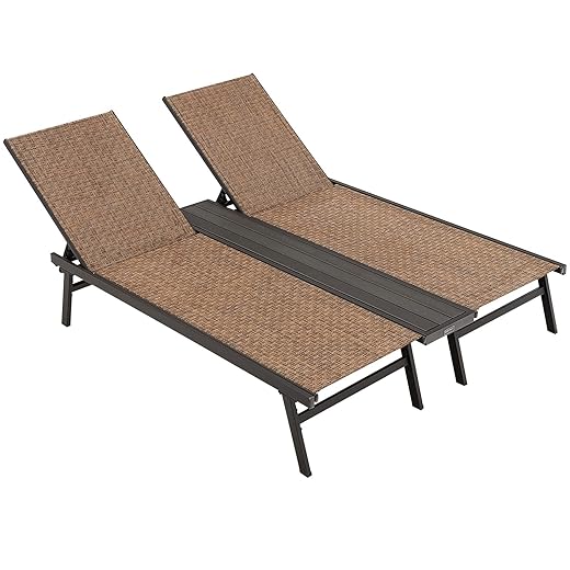 Tangkula Double Patio Chaise Lounge, All Weather-Proof Heavy Duty 6 Position Adjustable Breathable Fabric Outdoor Bed Lounger with Cup Holder, for Poolside, Backyard, Pool, Lawn