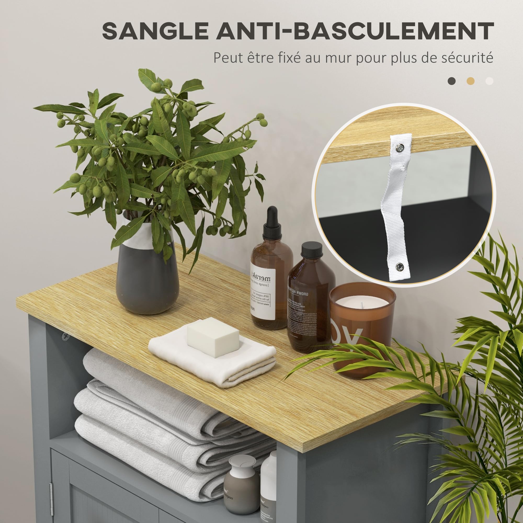 kleankin Meuble Bas de Salle de Bain Multi-Rangements, Gris et Naturel | Grande Niche, Placard Double Porte, Étagère Réglable en Hauteur